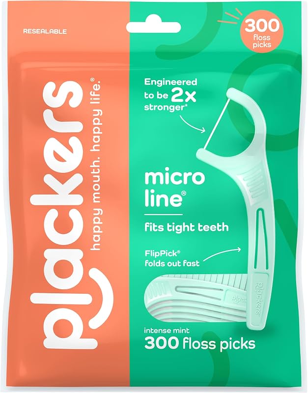 Micro Line Floss Picks, Intense Mint, 300 Count | Floss fiber made without PTFE, Fits tight teeth, Fold-out toothpick, QuickFix Grip, Resealable bag, 2x Stronger
