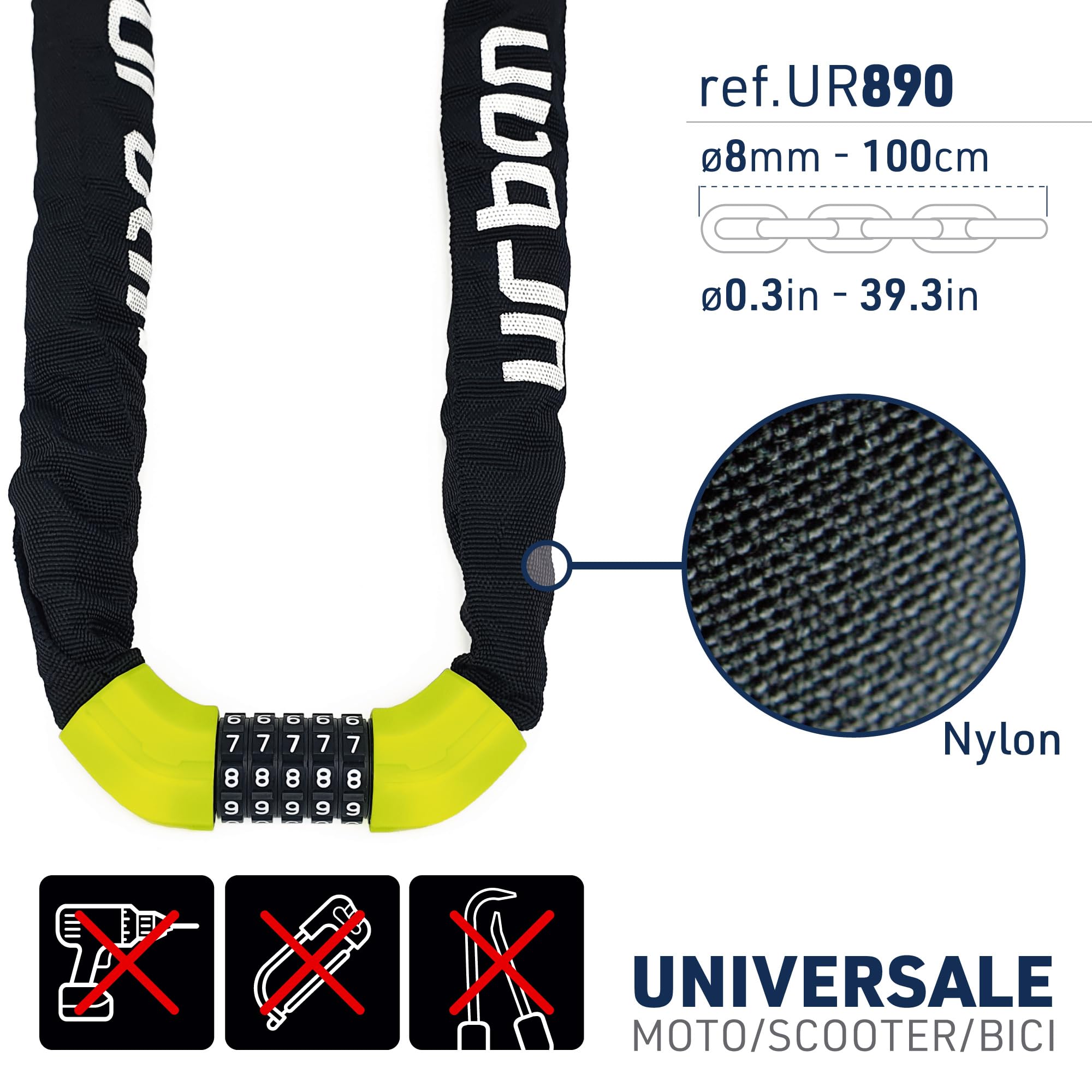 URBAN UR890 Lucchetto Bici, Catena Disuasoria con Codice a 5 Cifre più Sicuro, Maglie in Acciaio ø8mm più Spesse e Resistenti con Rivestimento in Nylon per Bici, Scooter, Monopattino, Antifurto 100cm