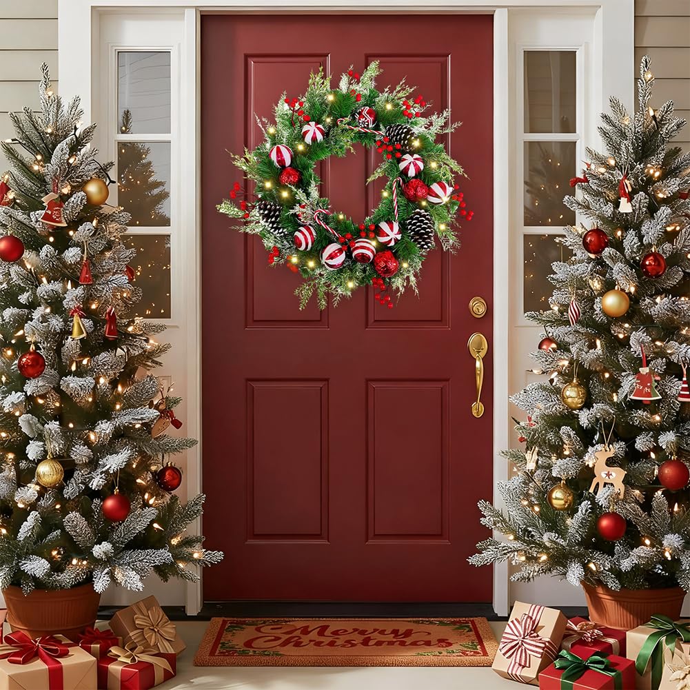 Couronne de Noël de porte d'entrée avec lumières LED - Guirlande de pin artificielle à suspendre pour porte d'entrée, extérieur (rouge)