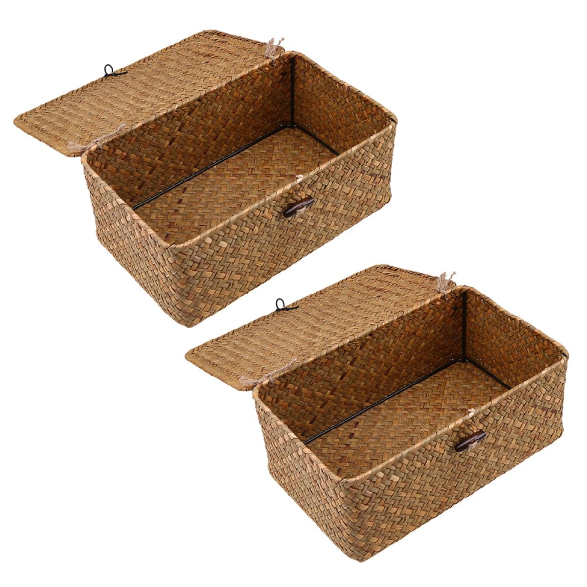 2 Stück Handgewebte Aufbewahrungsboxen aus Seetang mit Deckel Gewebte Aufbewahrungskörbe 26X16X10cm Natürliche Organizer für Snacks Kosmetik und Haushalt