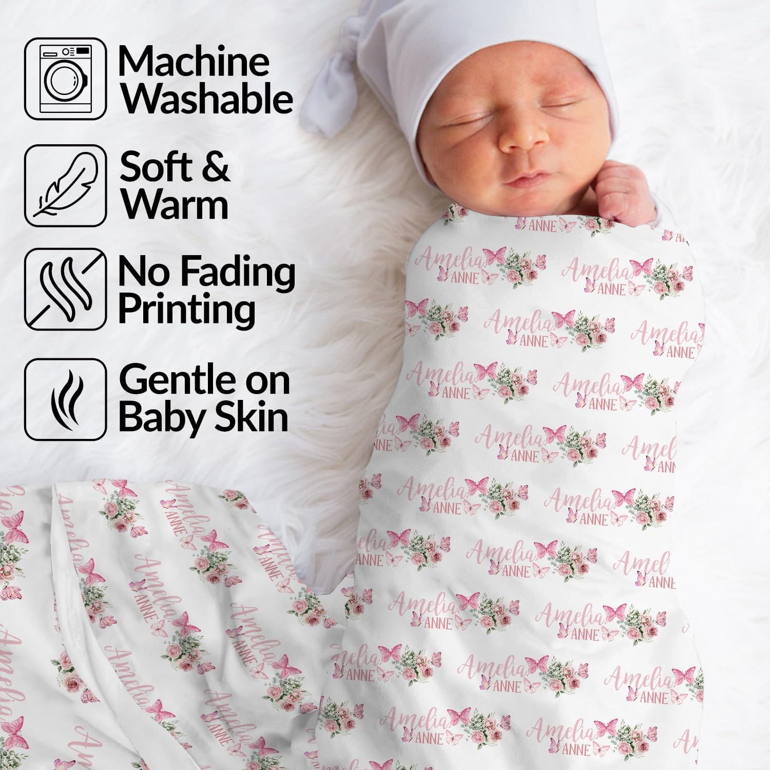 Personalized Baby Blanket with Name - Custom Girl Butterfly Blanket for 1st Birthday Gift