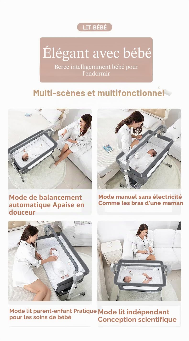 Berceau électrique Bluetooth pour cododo pour bébé, berceau de chevet convertible, berceau portable pliable pour nouveau-né avec matelas et haut-parleur de musique Bluetooth (gris électrique)