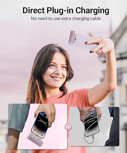 Miniatura 6 de 4smarts Mini cargador portátil para iPhone, batería externa de 4500 mAh con conector Lightning integrado, paquete de batería brillante con purpurina