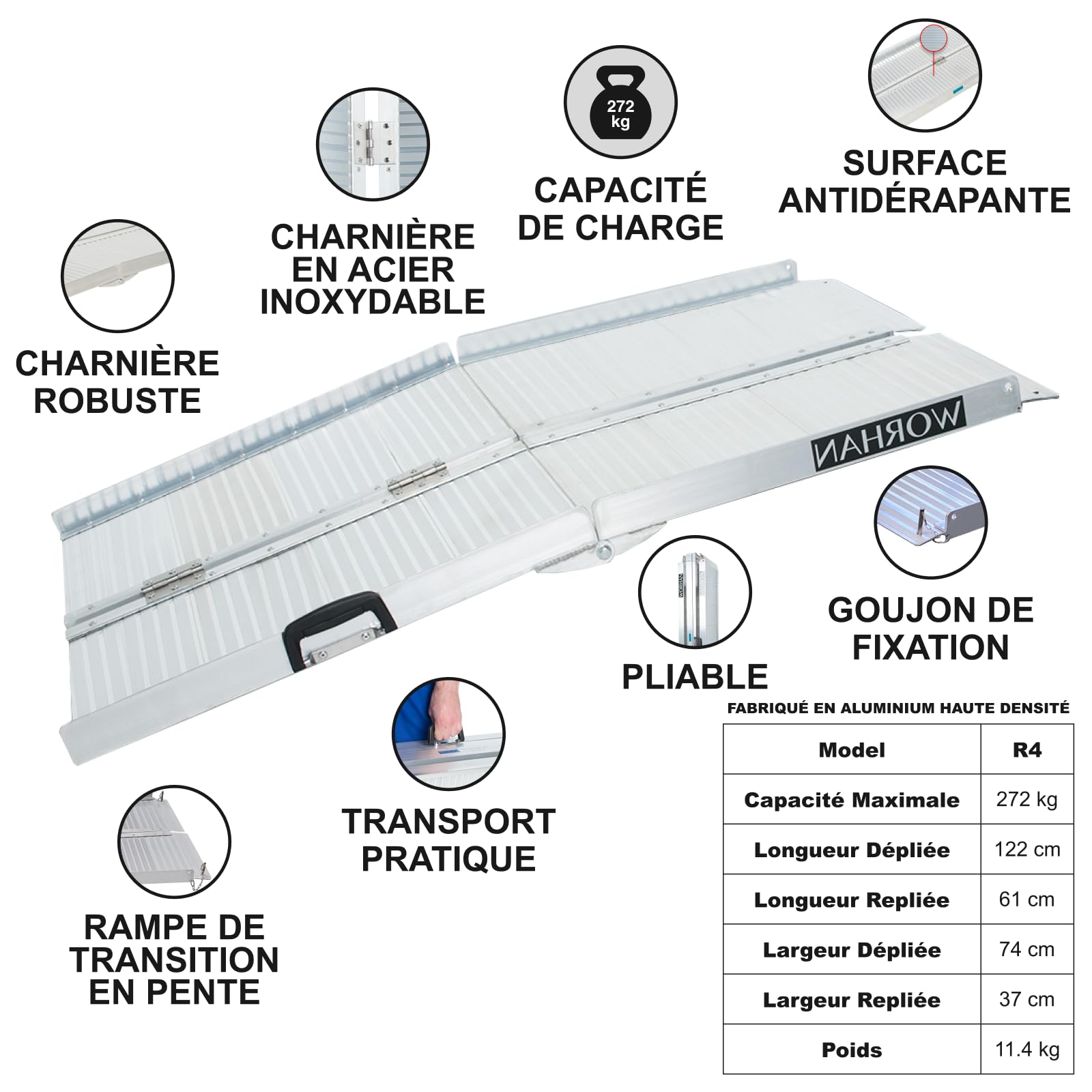 WORHAN 1.22m Rampe Alu Pliable Valise Aluminium Pour Fauteuil Roulant Chargement Scooter Plate-Forme NEUF R4