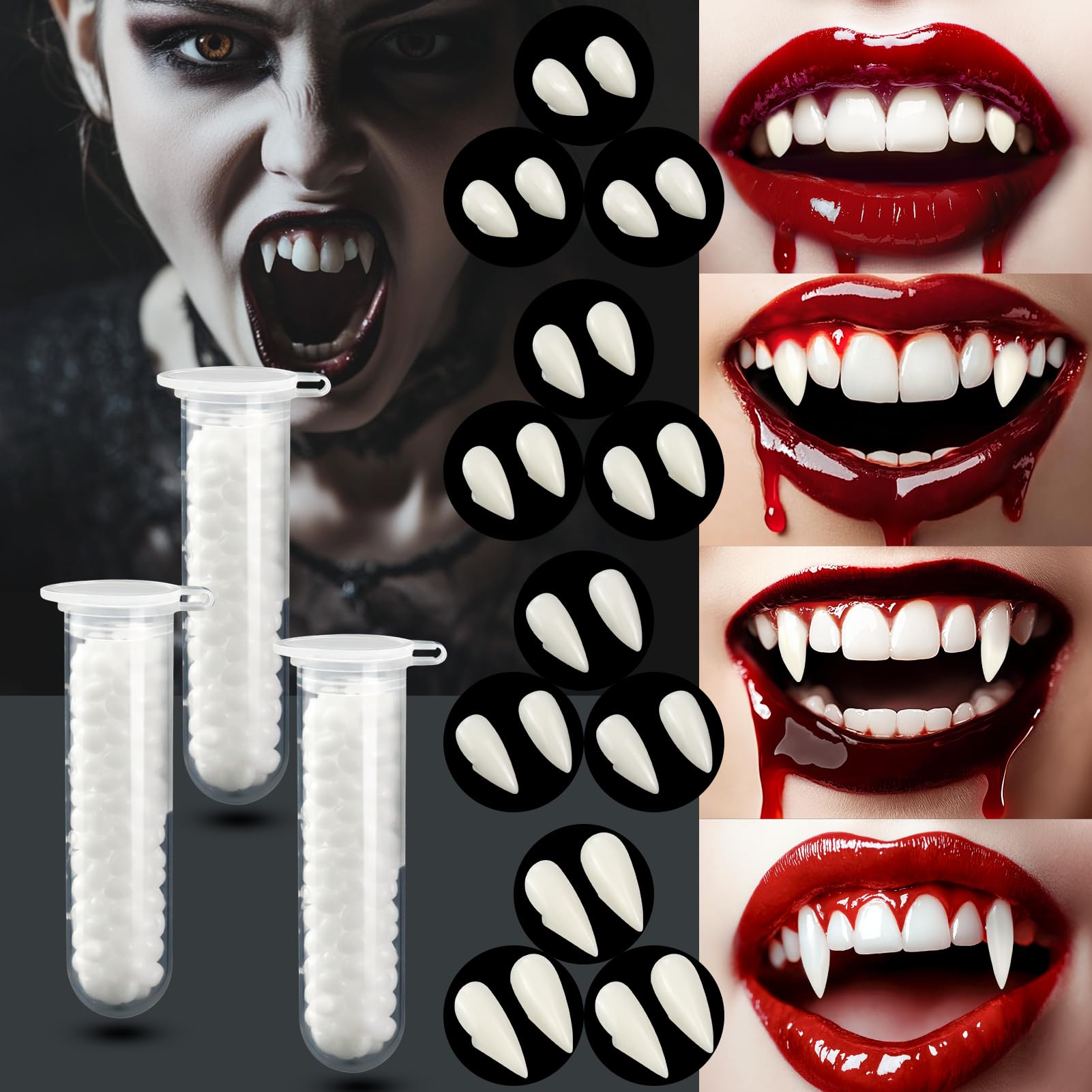 12 par zębów wampirów na Halloween, 4 rozmiary, wampiry, cosplay, pellet, klej do cosplay, rekwizyty, Halloween, demony, czarownica