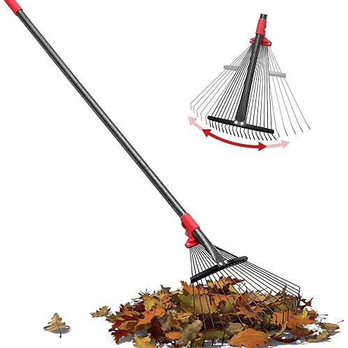 Lightweight Leaf Rake for Lawn, 8-17" Expandable Head with Metal Tines for Leaves, Shrubs & Small Areas, 75-Inch Adjustable Long Handle with Comfort Grip Senior Friendly