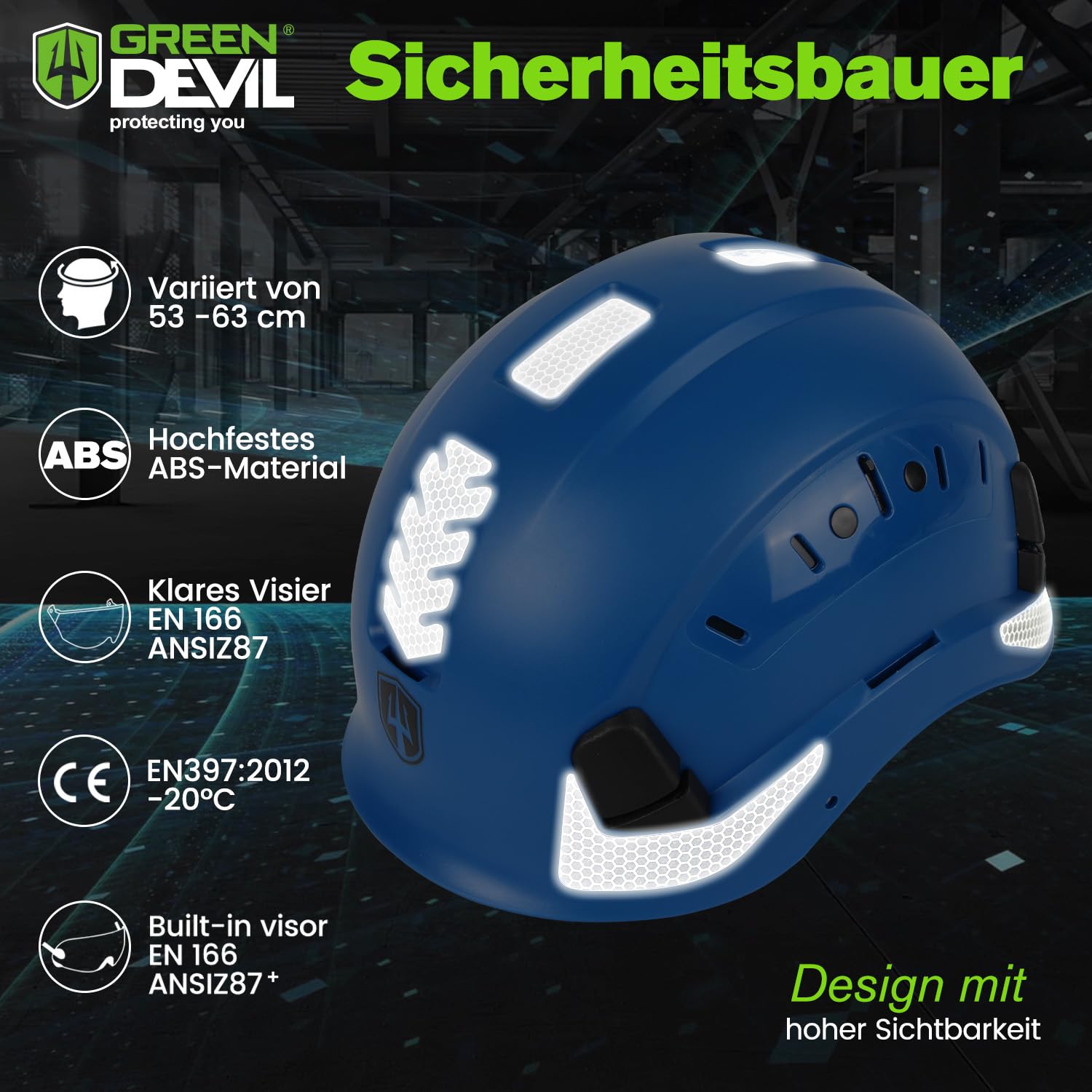 GREEN DEVIL Casque de protection industriel certifié EN397 et EN166 avec visière teintée + transparente | Casque de sécurité avec double visière pour la construction, l'artisanat et l'industrie |