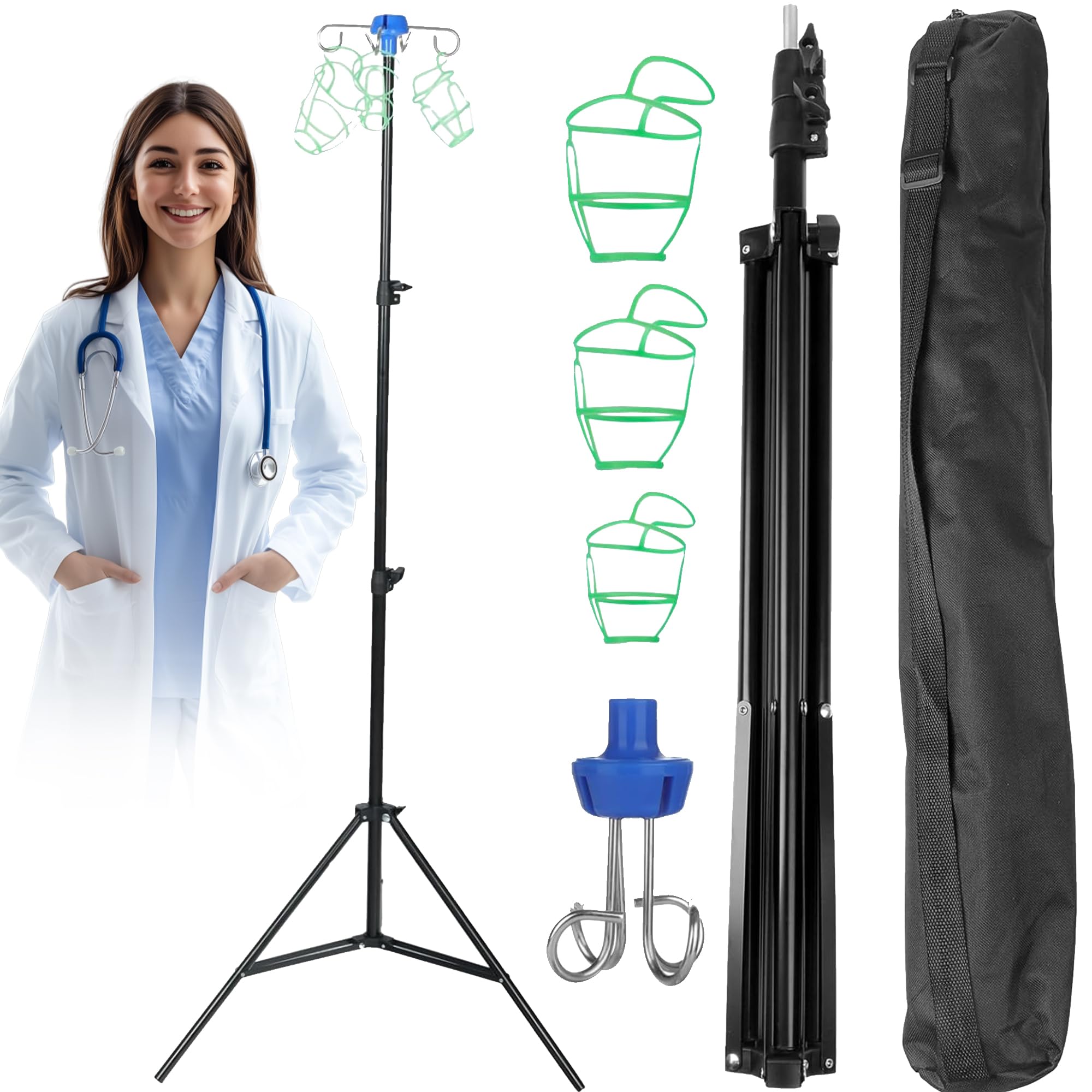 Infusionsständer, zusammenklappbares Infusions-Dreibeinstativ, tragbarer mobiler Infusionsständer 190 cm/75 Zoll, höhenverstellbar mit 4 Haken und 3 Bremsrädern, mobiler Infusionsständer für die häusl