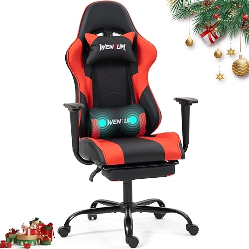 Silla de videojuegos, silla de videojuegos con reposapiés, silla de computadora de masaje con piel sintética, soporte lumbar para hombres y mujeres,