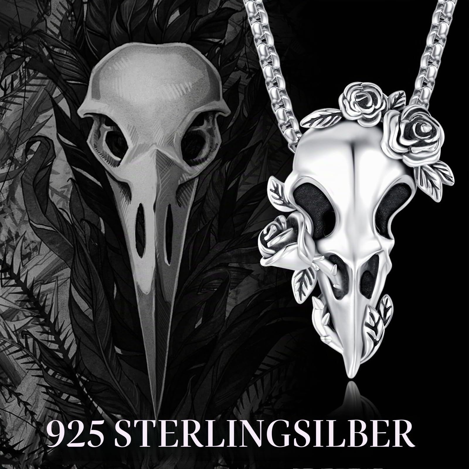 Raben Schädel Halskette 925 Sterling Silber Wikinger Raven Kette Punk Wikinger Vogelschädel Halskette Schmuck für Herren Männer Damen