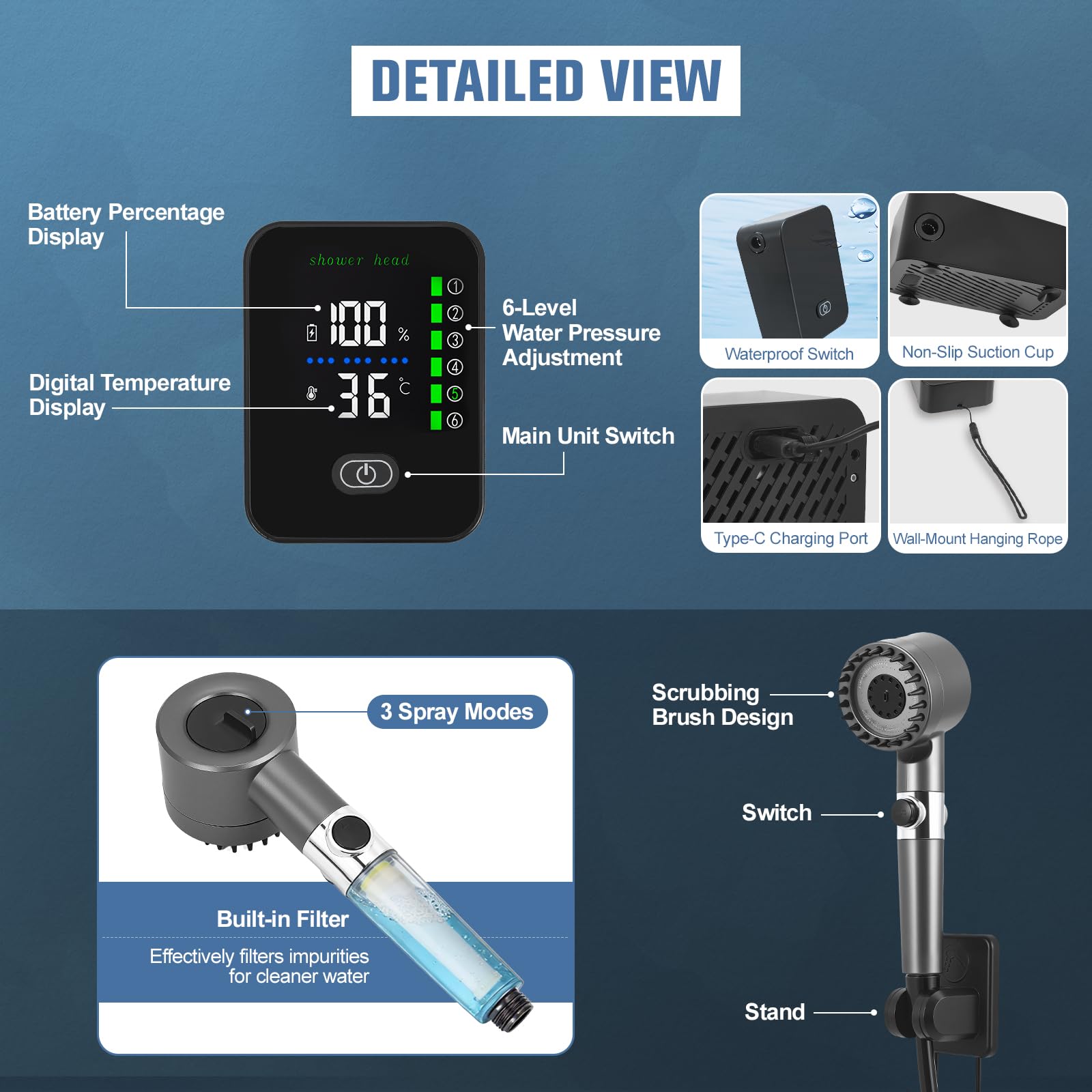Doccia da campeggio ricaricabile | 8000 mAh | Display digitale | Serbatoio dell'acqua pieghevole da 20 l, Mobile Camping Doccia con filtro dell'acqua e spazzola, IPX8 impermeabile per campeggio