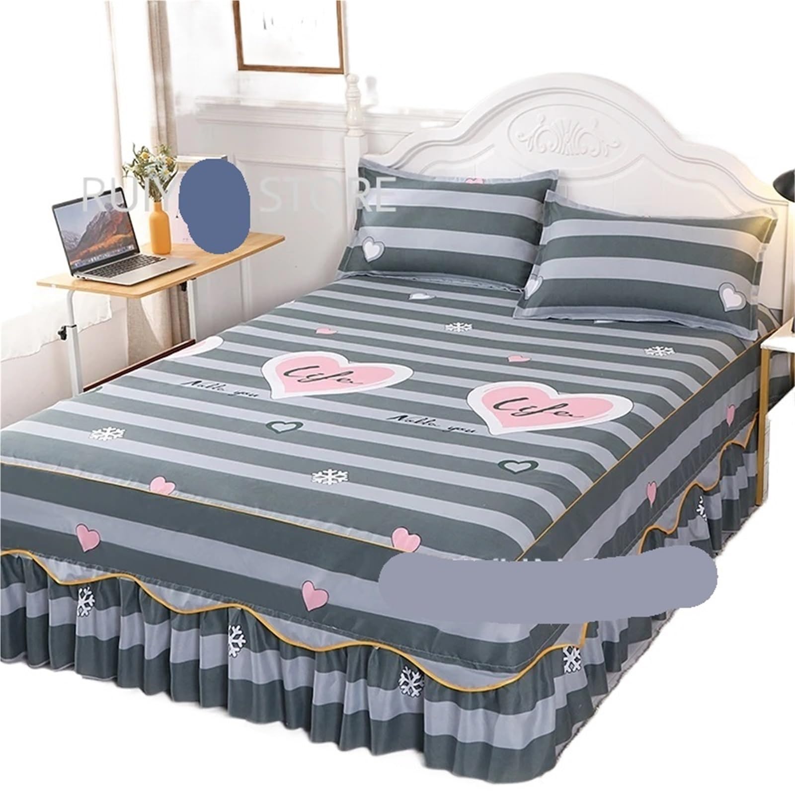 Bed Skirt Princess Ruffled Bed Skirt Home Bedding Mattress Cover Printed Anti-slip Bedsheet Bedspread King Queen Size(Color 05,1pc Skirt 180x200cm)