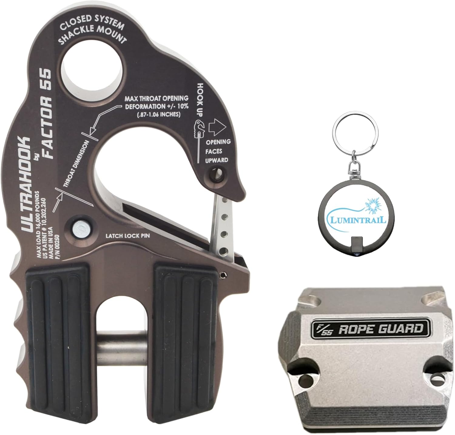 FACTOR55 UltraHook Winch Hook Integrated Shackle Pin Mount Recovery Towing Bundle with a UltraHook Rope Guard and Keychain Light (Gray with Rope Guard) (00250-06)