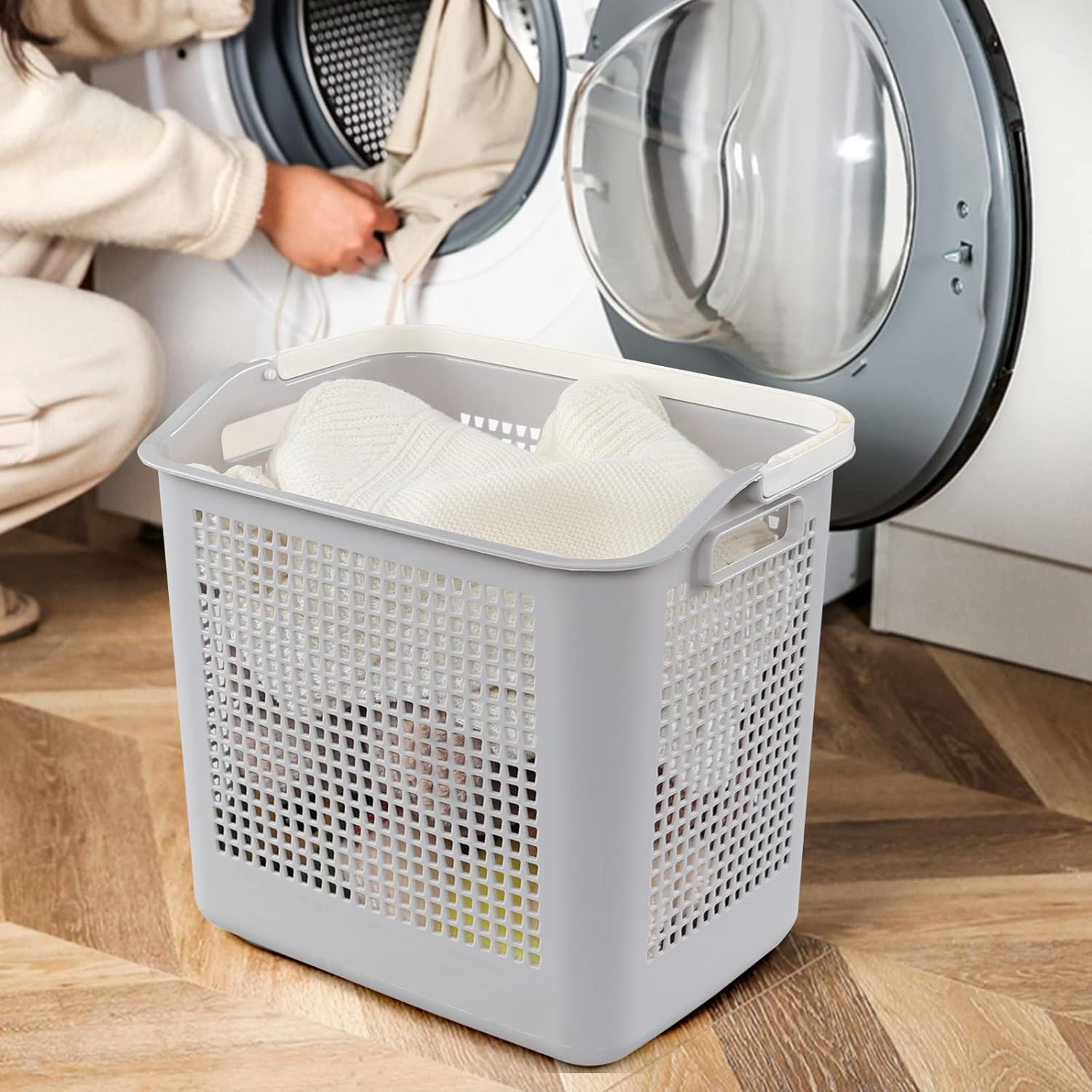 4-Pack 35 L Plastic Laundry Baskets, Laundry Hamper with Handle, Portable Hamper for Dorm, RV, Apartment, Gray