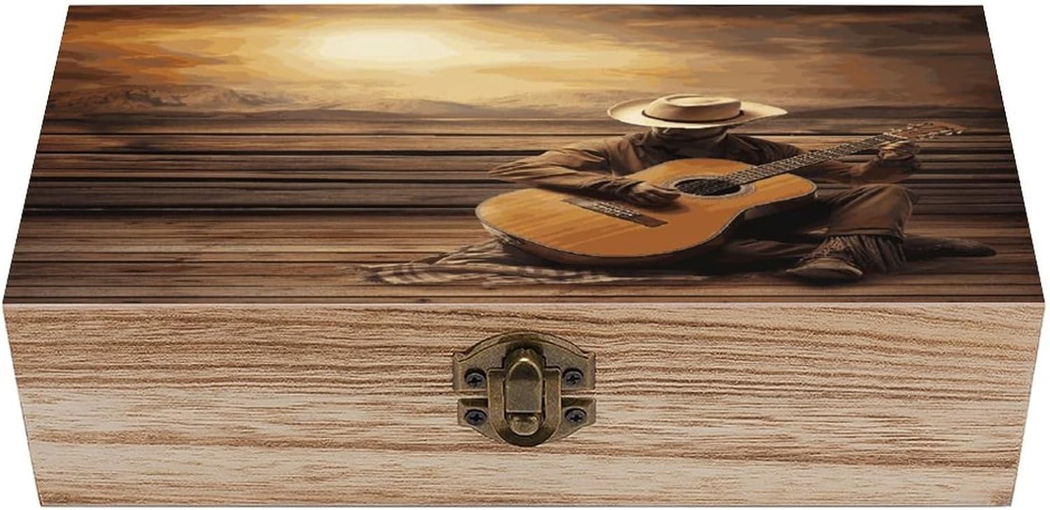 Western Music Decorative Wooden Storage Box with Hinged Latch Lid, Natural Wood Keepsake Organizer Box for Photos Trinkets Home Desktop Decor Gift