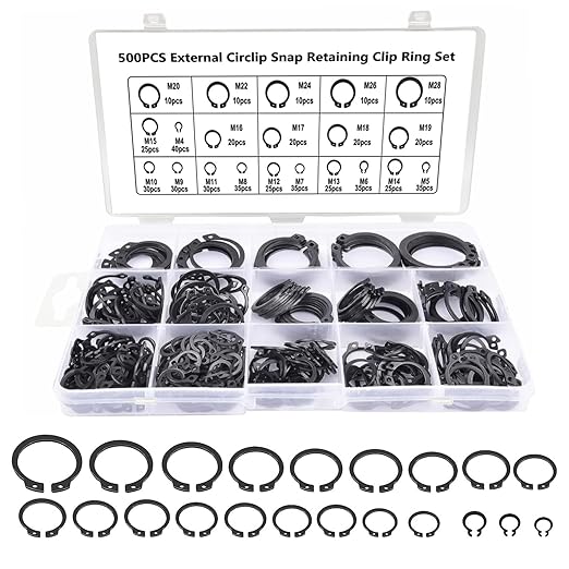Boatsea 500Pcs External Circlip Snap Retaining Clip Rings Assortment Kit, Alloy Steel Snap Ring Shop Assortment Set, 21 Sizes External Retaining Rings of M4-M28
