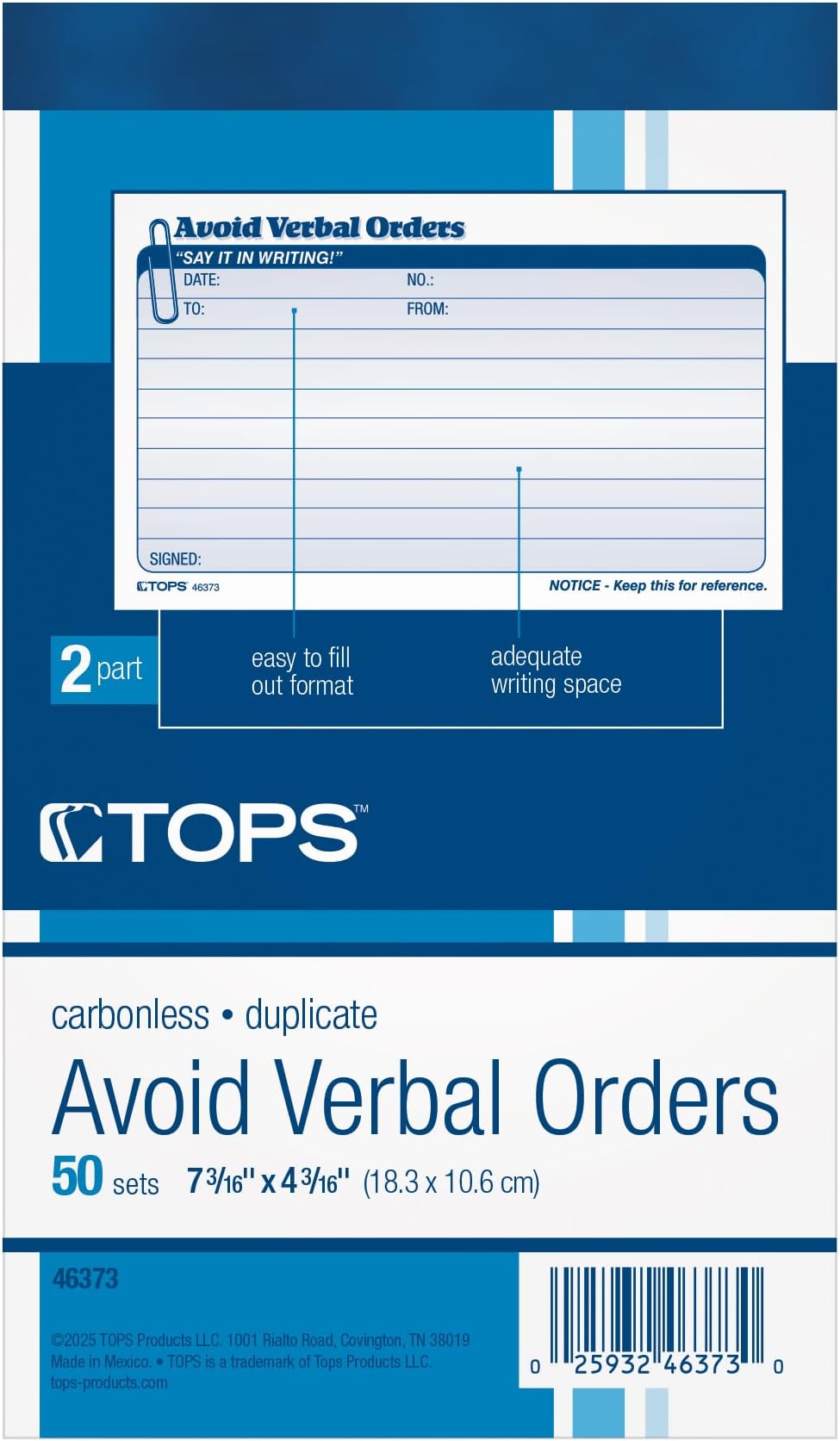 TOPS Avoid Verbal Orders Book, 2-Part, Carbonless, White and Canary, 4.25 x 6.25 Inches, 50 Sets per Book (46373)