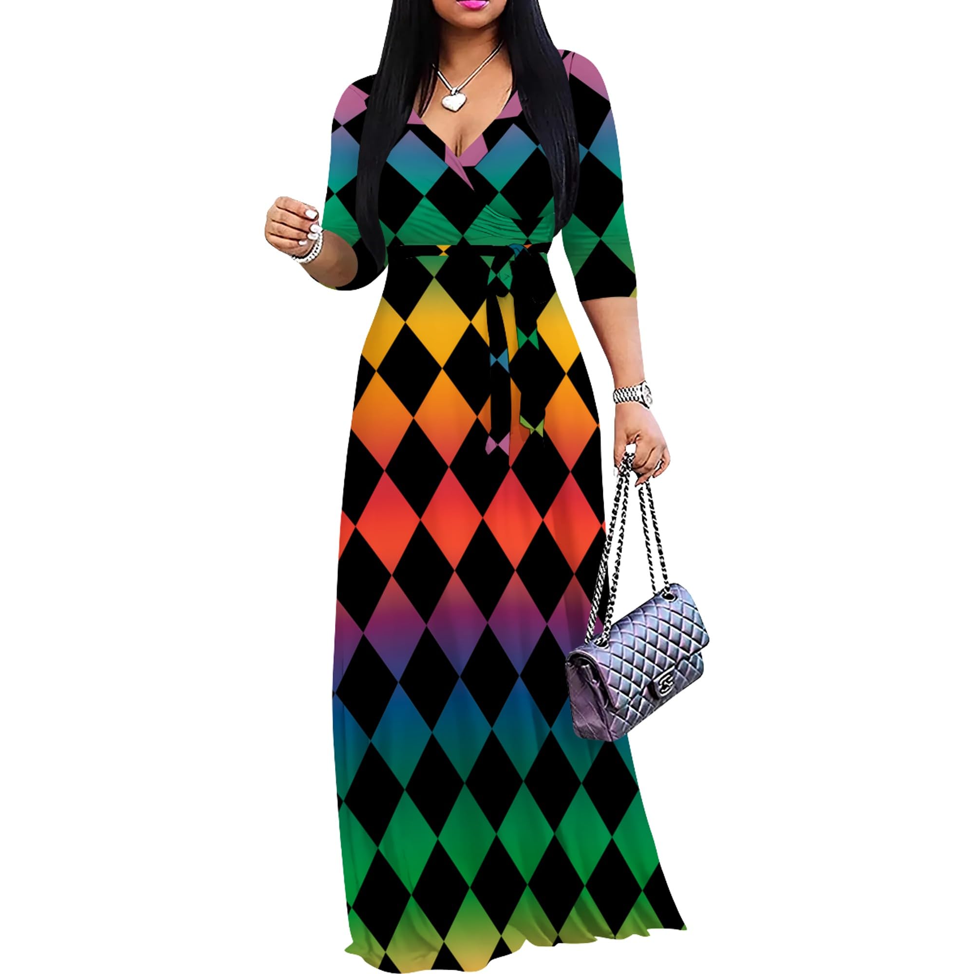 PinkPatty Women's Plus Size Maxi Dresses Casual Flowy 3/4 Sleeves Dress Printed Vacation Dress for Daily Wear with Belt