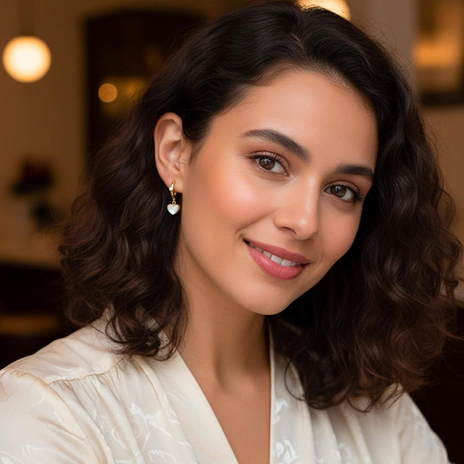 Leporem Dainty Drop Hoop Earrings for Women, 18K Gold Plated 316L Surgical Steel Hypoallergenic Huggies with Mother of Pearl Charms, Minimal Gift