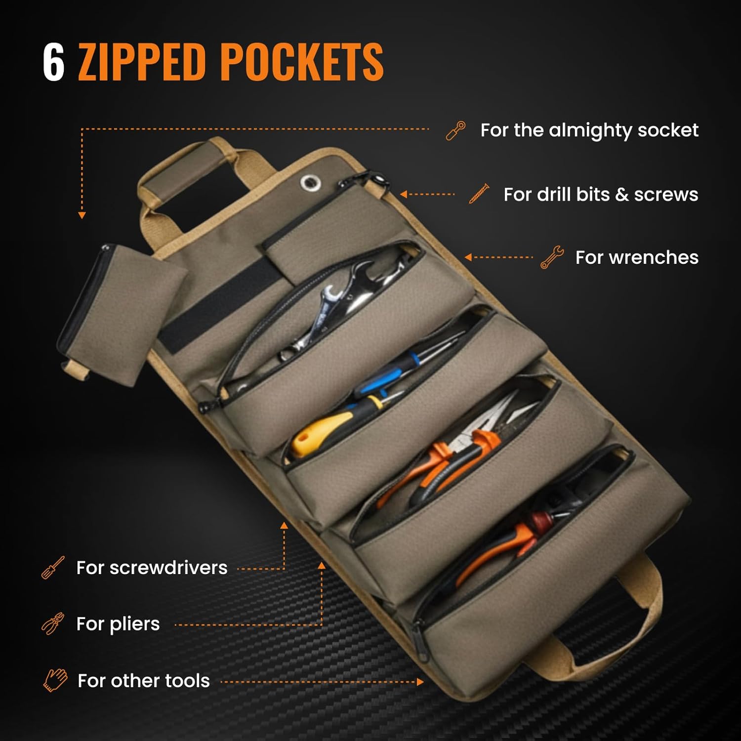 Heavy Duty Roll-Up Tool Organizer Bag with Detachable Pouches | Tool Bag for Handyman, Electrician, Mechanic, Plumber, Carpenter, Garage, Workshop, Truck, RV & Outdoor Use