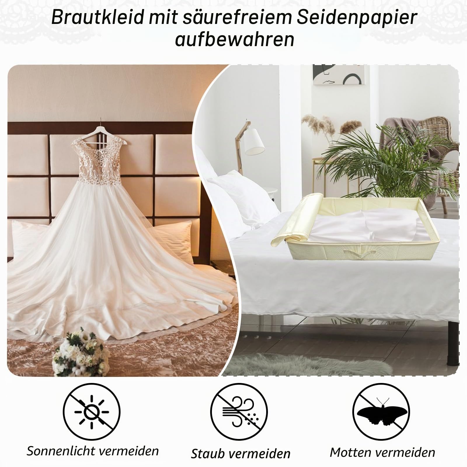 Hochzeitskleid Aufbewahrungsbox Hochzeitskleid Konservierungsbox Staubdichtes Hochzeit Keedsake Box mit Griffbox für unter Bettschrank mit 40 säurefreien Seidenpapieren 70x38x17cm