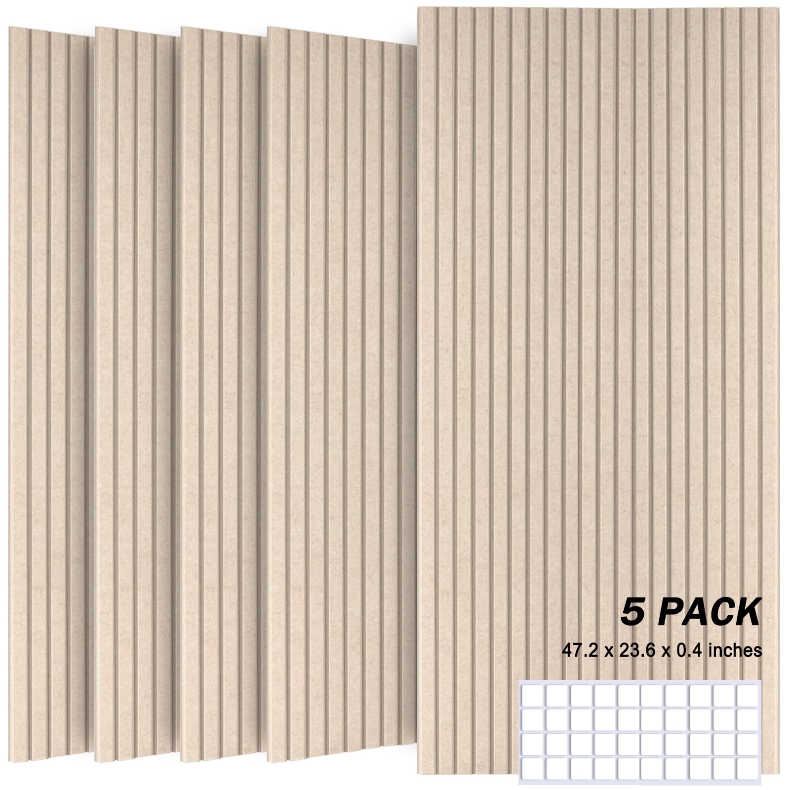 JVJVJ 5 Pack Acoustic Panels, 47.2" X 23.6" X 0.4" Decorative Sound Proof Felt Panels, Sound Dampening Panels, Self-Adhesive Sound proof panels for walls, Creative Slotting Design.(Deep Camel)