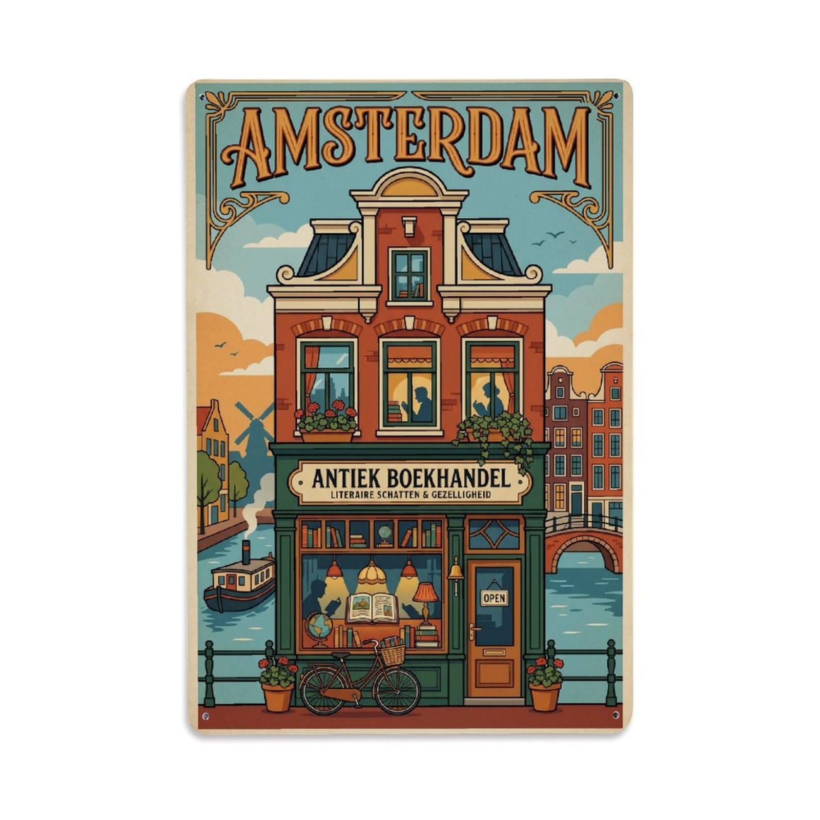 Okngb Style Amsterdam Bookshop Canal Vintage Urban Tourism Old Town Metal Tin Sign Plaque Wall Decor For Cafe, Man Cave, Club Bar, Office, Home Garden Round Metal Poster 8X12inch