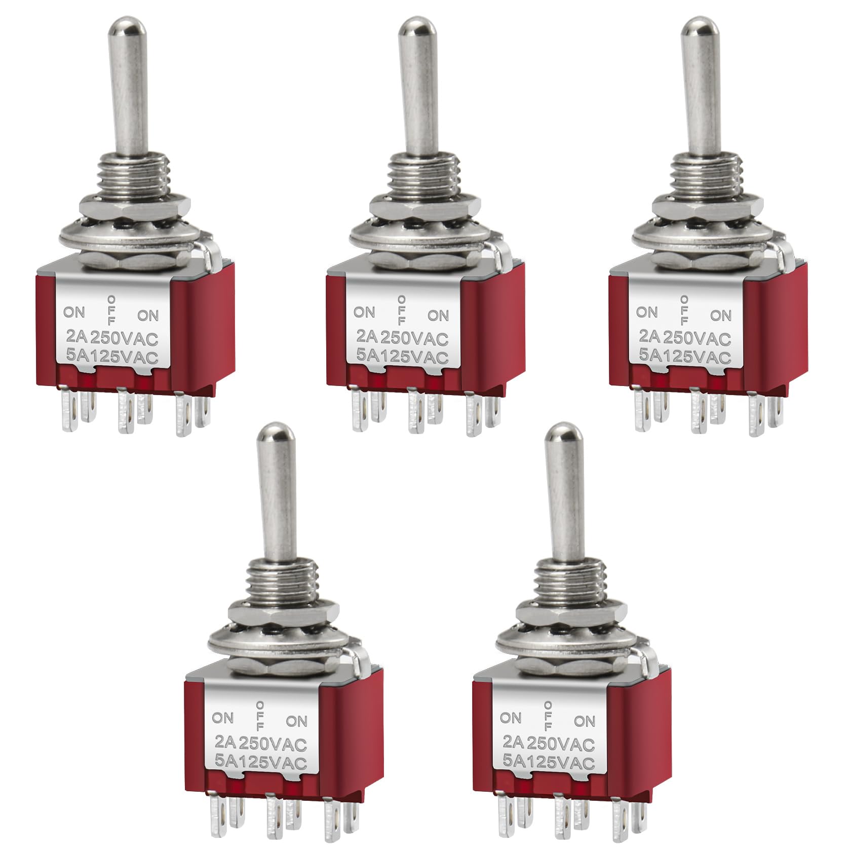 Heschen Miniaturowy przełącznik dźwigienkowy MTS-203 ON-OFF-ON DPDT 6 pin, 2 A 250 V 6 A 125 V UR, 5 sztuk