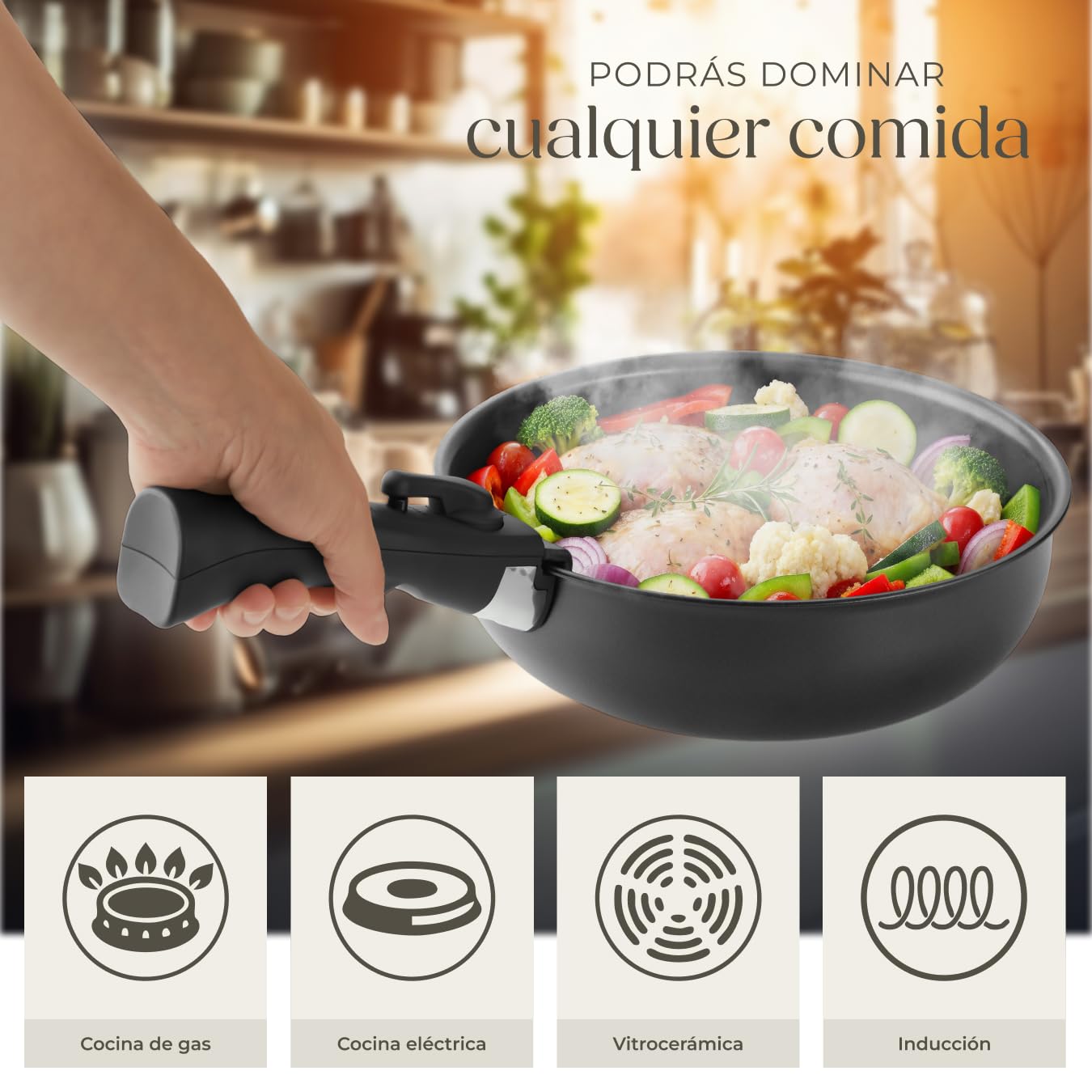 tectake® Juego de Cocina 17 Piezas, Sartenes Antiadherentes, Ollas Cocina Aptas para Inducción, Juego Sartenes con Asas Desmontables, Olla, Cacerola, Sarten - Negro