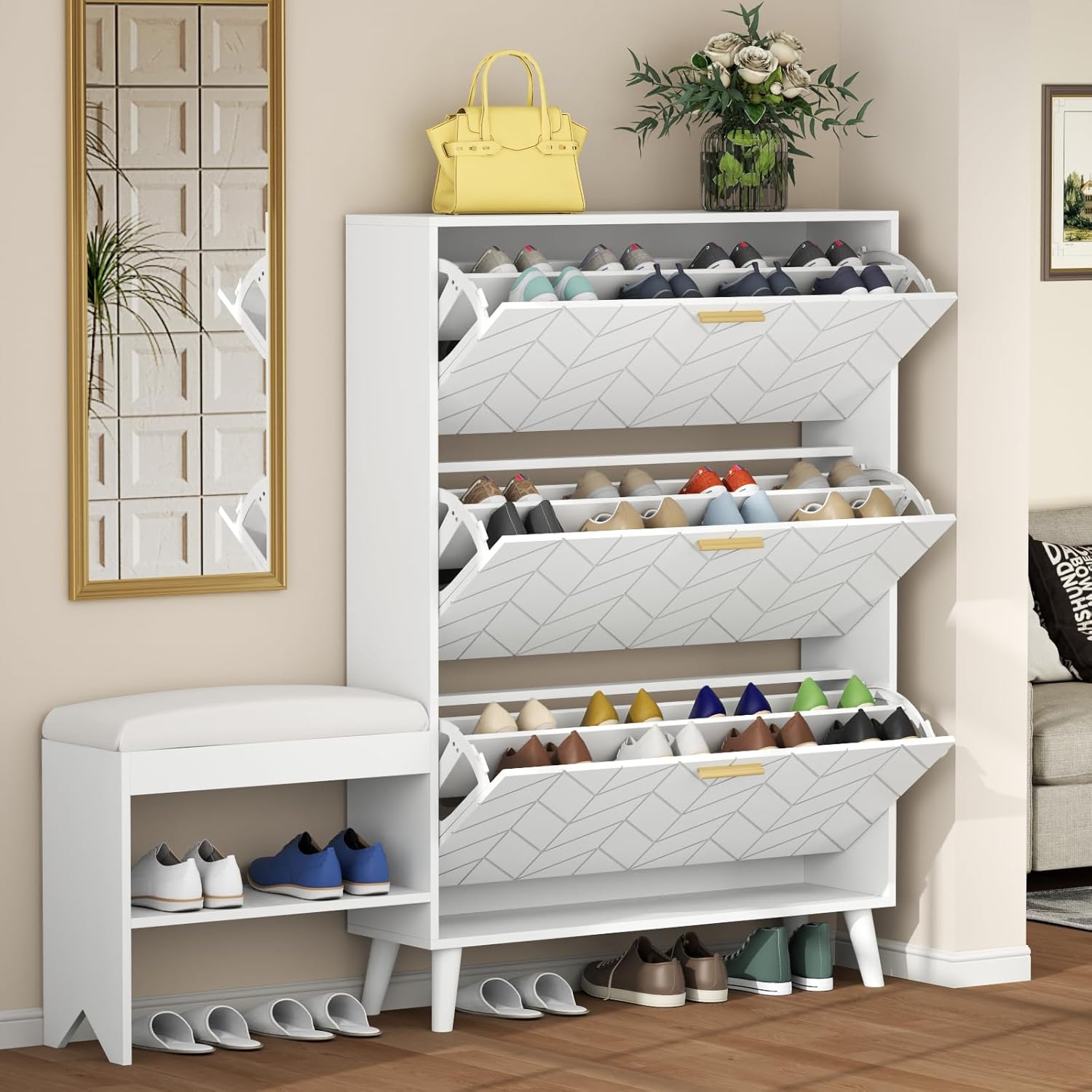 Loomie Shoe Cabinet w/3 Flip Drawers, Shoe Storage Cabinet w/Bench for Entryway, Freestanding Narrow Hidden Shoe Rack Organizer with Open Shelf & Solid Wood Legs for Hallway,Living Room,Closet,White