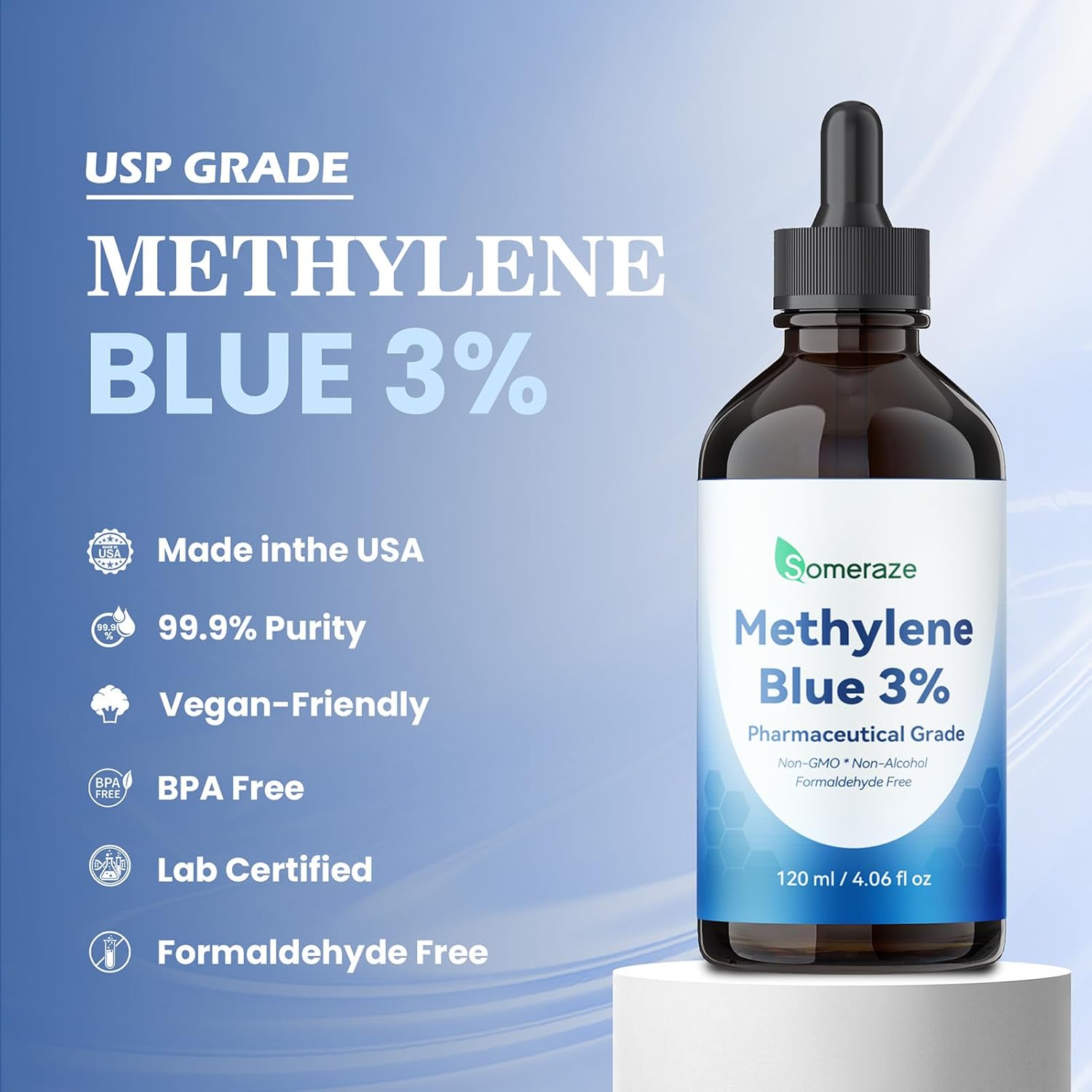 3% Methylene Blue Drops – High Purity USP Pharmaceutical Grade Blue Methylene Liquid for Humans, Cognitive & Focus Support, No Alcohol, No Formaldehyde, 120 mL, 4.06 FL OZ