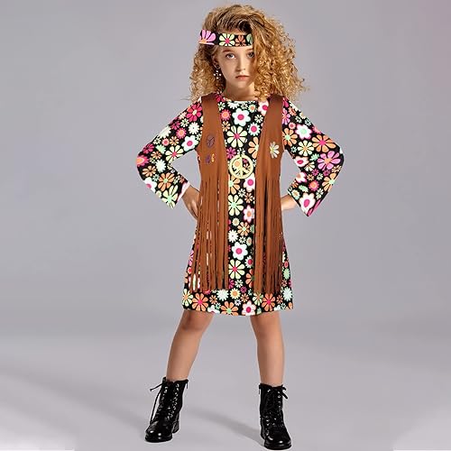 Miniatura 7 de Conjunto de disfraz hippie para niñas de los años 60 y 70, vestido hippie de signo de la paz, accesorios de fiesta hippie para Halloween, fiesta de