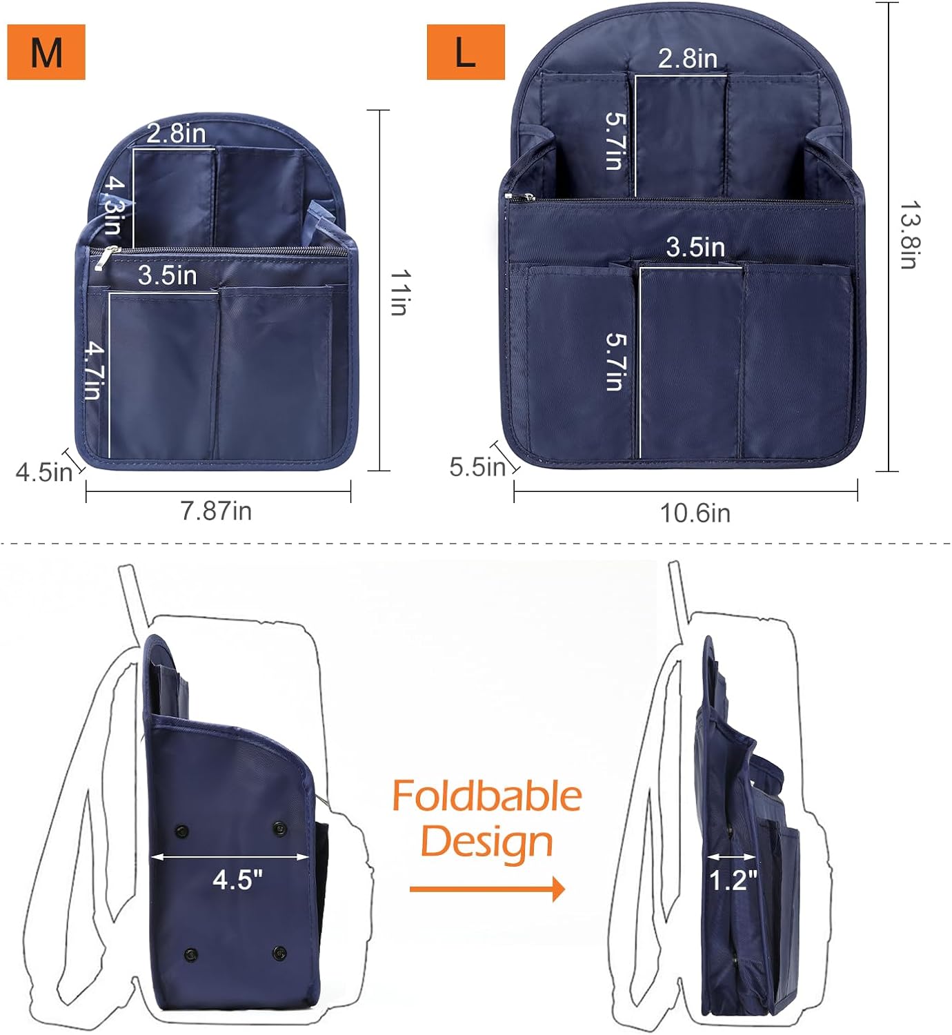 Surblue Backpack Organizer Insert Liner Hanging Travel Rucksack Purse and Handbag Insert Pocket, High-capacity Divider Foldable Nylon Shoulder Bag Organizer for Men and Women, (Navy, M) - Image 4