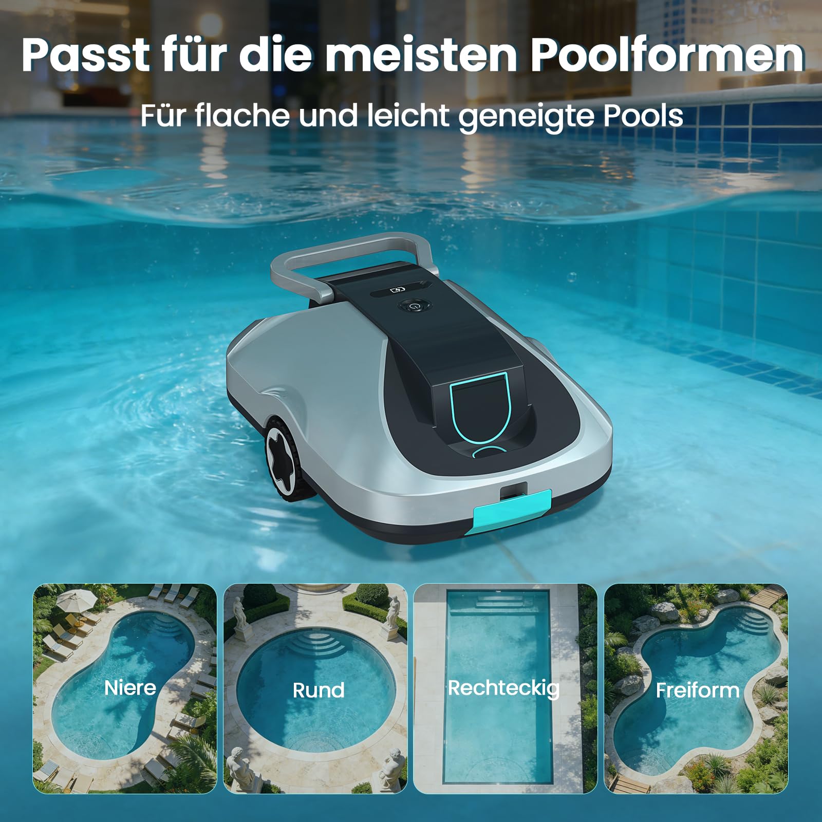 Poolroboter Akku, kabelloser Pool-Saugroboter, 200Min Laufzeit, Intelligente Navigation, Selbsteinparkfunktion und ultrafeine Filterung, kompakt und tragbar Poolreiniger ohne Kabel für Pools 232m²