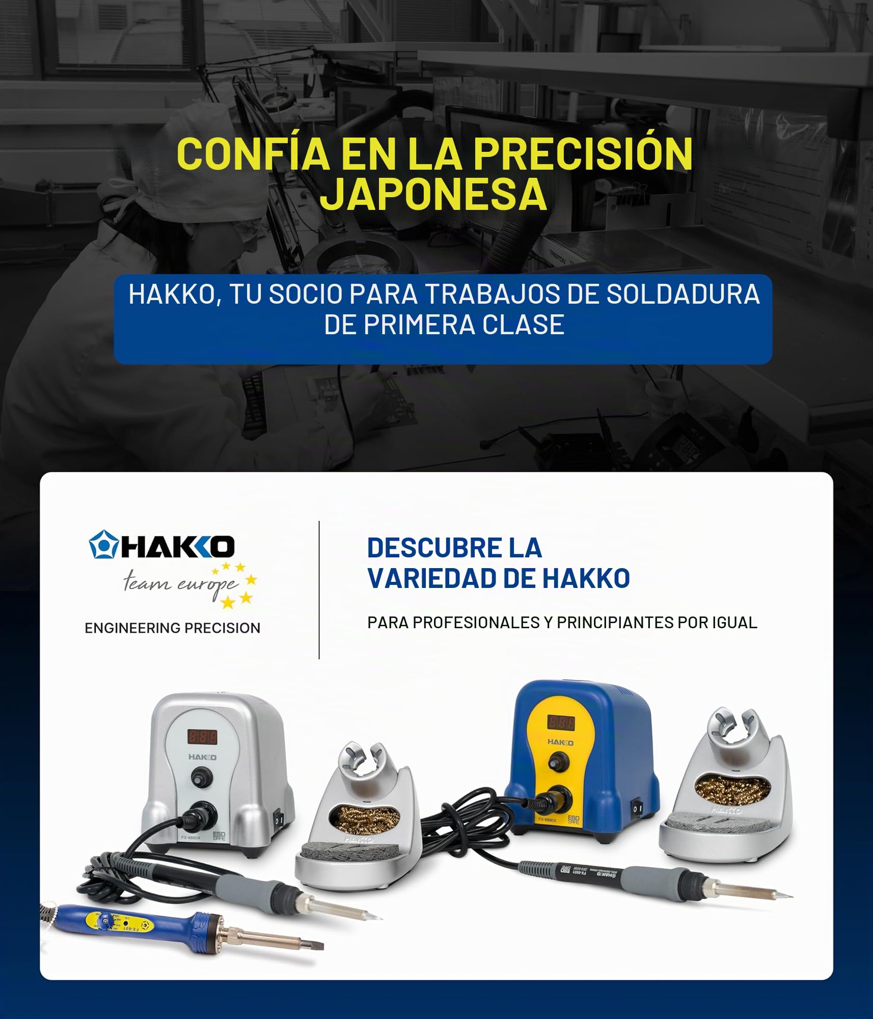 Hakko Soldador con cable azul (237 mm) - Control de temperatura ajustable 200-500 °C, soldador de precisión - Diseño ergonómico - Perfecto para soldadura Tiffany - Diseñado en Japón
