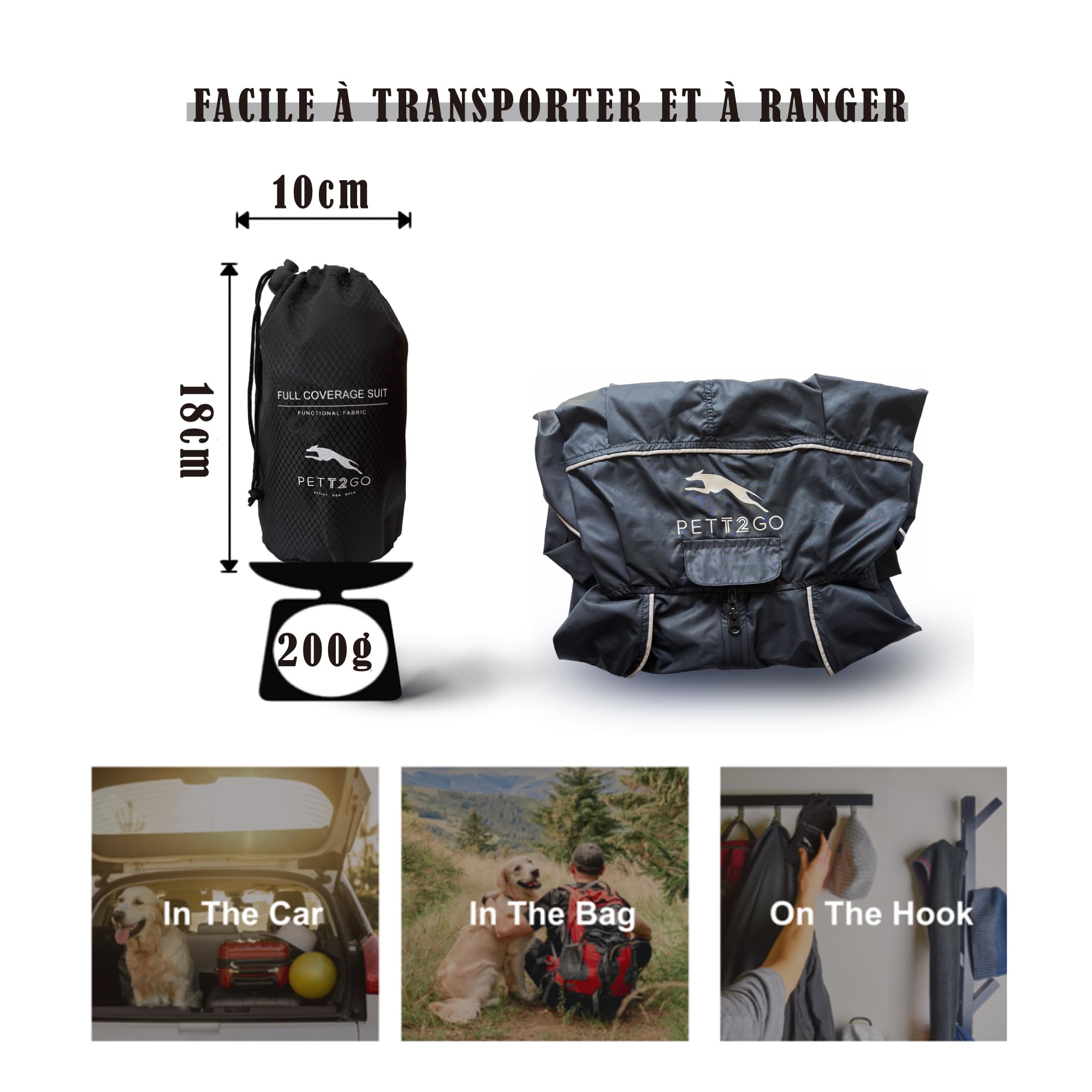 Coupe-Vent Léger pour Chien, Manteau avec Jambes, à Capuche, Trou pour Laisse, Réfléchissant, Compactable (Noir Charbon, M)