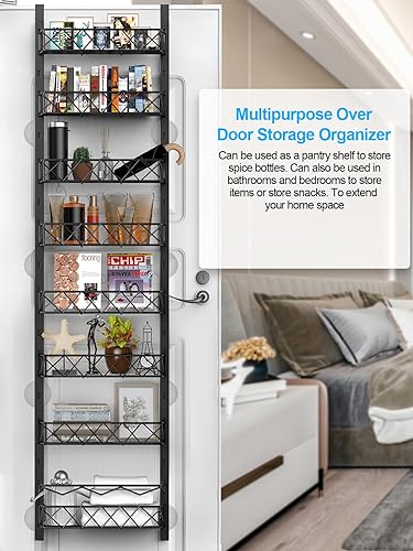 Miniatura 6 de Organizador de despensa sobre la puerta, organizador de puerta de despensa de 8 niveles con cesta ajustable, estante de metal para especias para