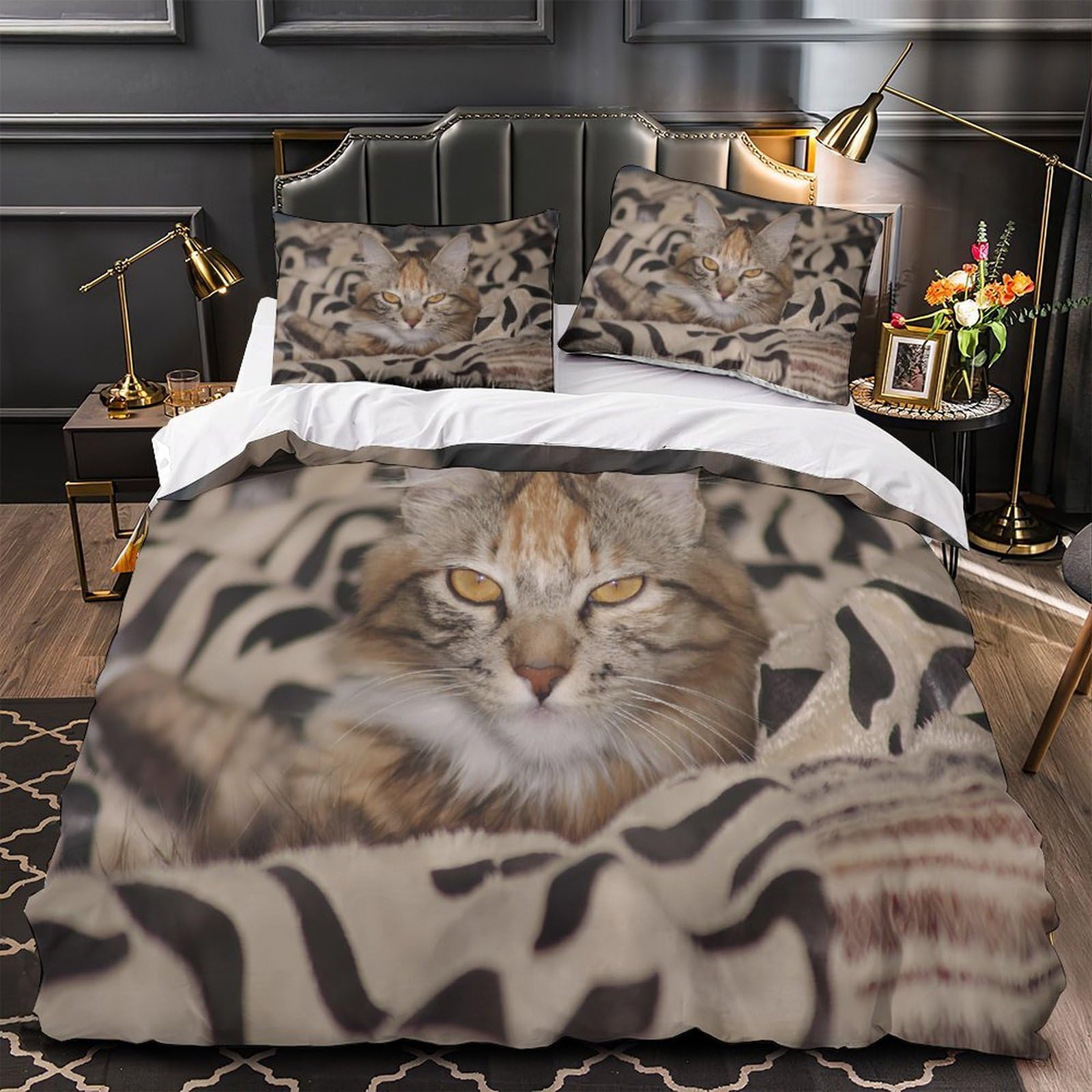 Parure de lit chat housse de couette microfibre 140x200cm pour lit simple