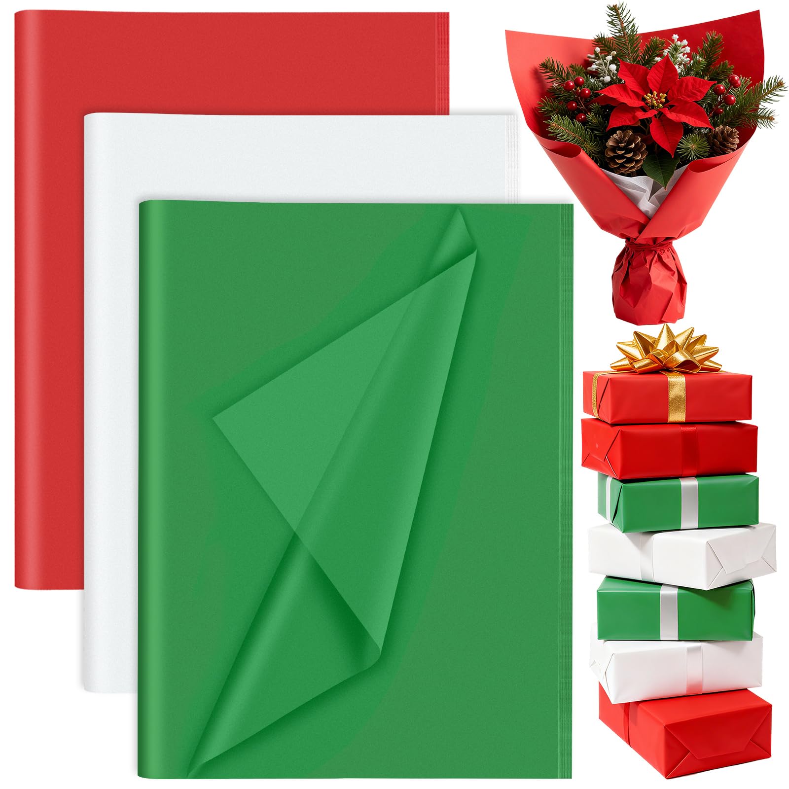 PLULON 60 Sheets Christmas Tissue Paper for Gift Bags, Red Green White, 35 x 50 CM, 17gsm, Acid Free Wrapping, Crafts, Decor, Party Favor Supplies