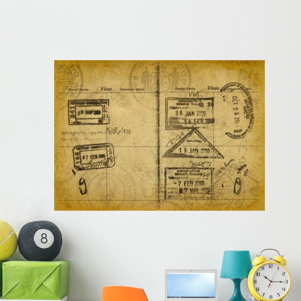 Wallmonkeys Grunge Passport Stamps Wall Decal Peel and Stick Graphic WM244744 (36 in W x 26 in H)