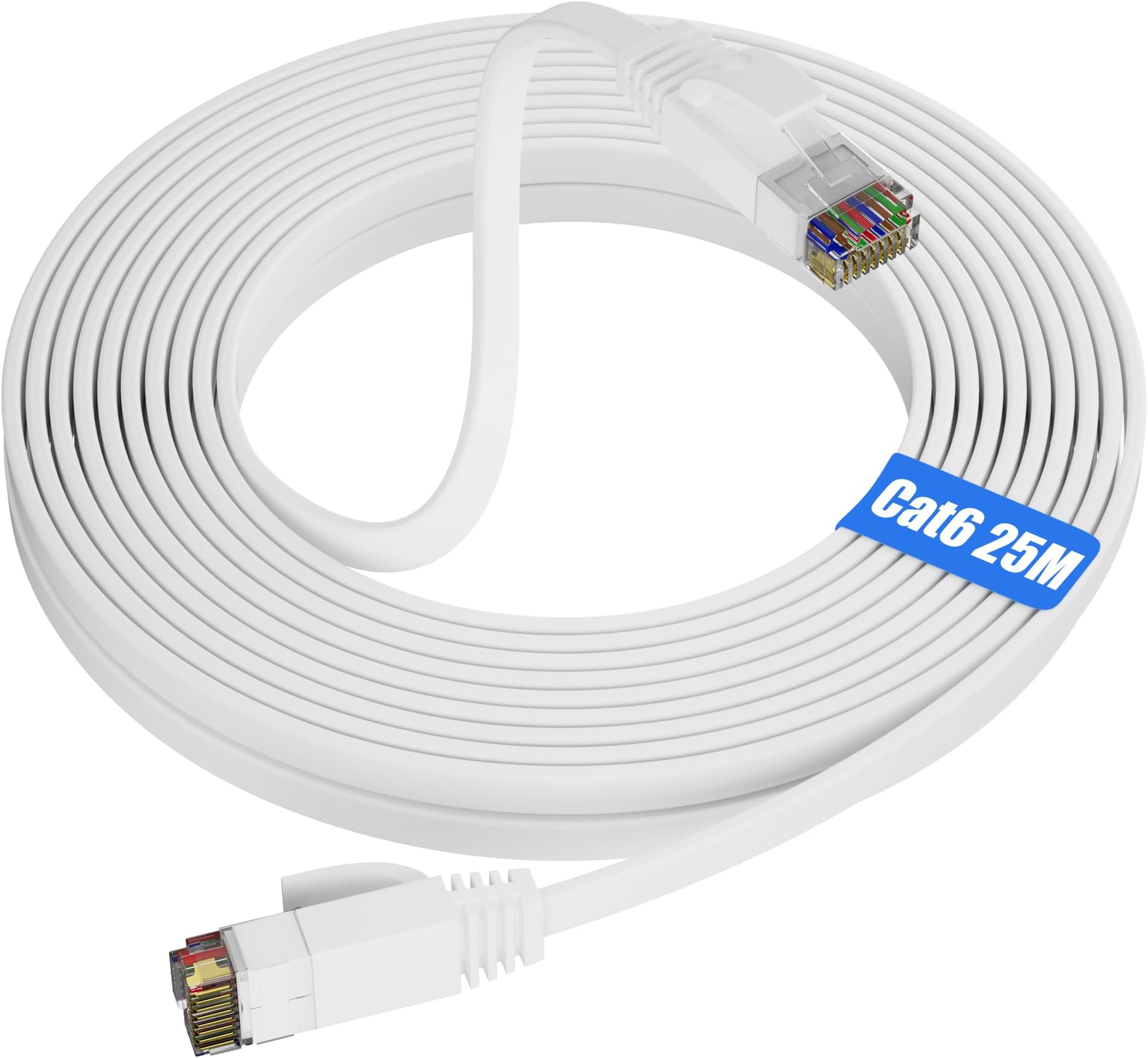 Soibke Ethernet Cable 25m, Cat 6 Internet Cable High Speed, Network Cable Flat Design Long UTP LAN Indoor Gigabit White Patch RJ45 Wlan Cable for Router Modem TV, Home Office - 1000Mbit/s 250MHz