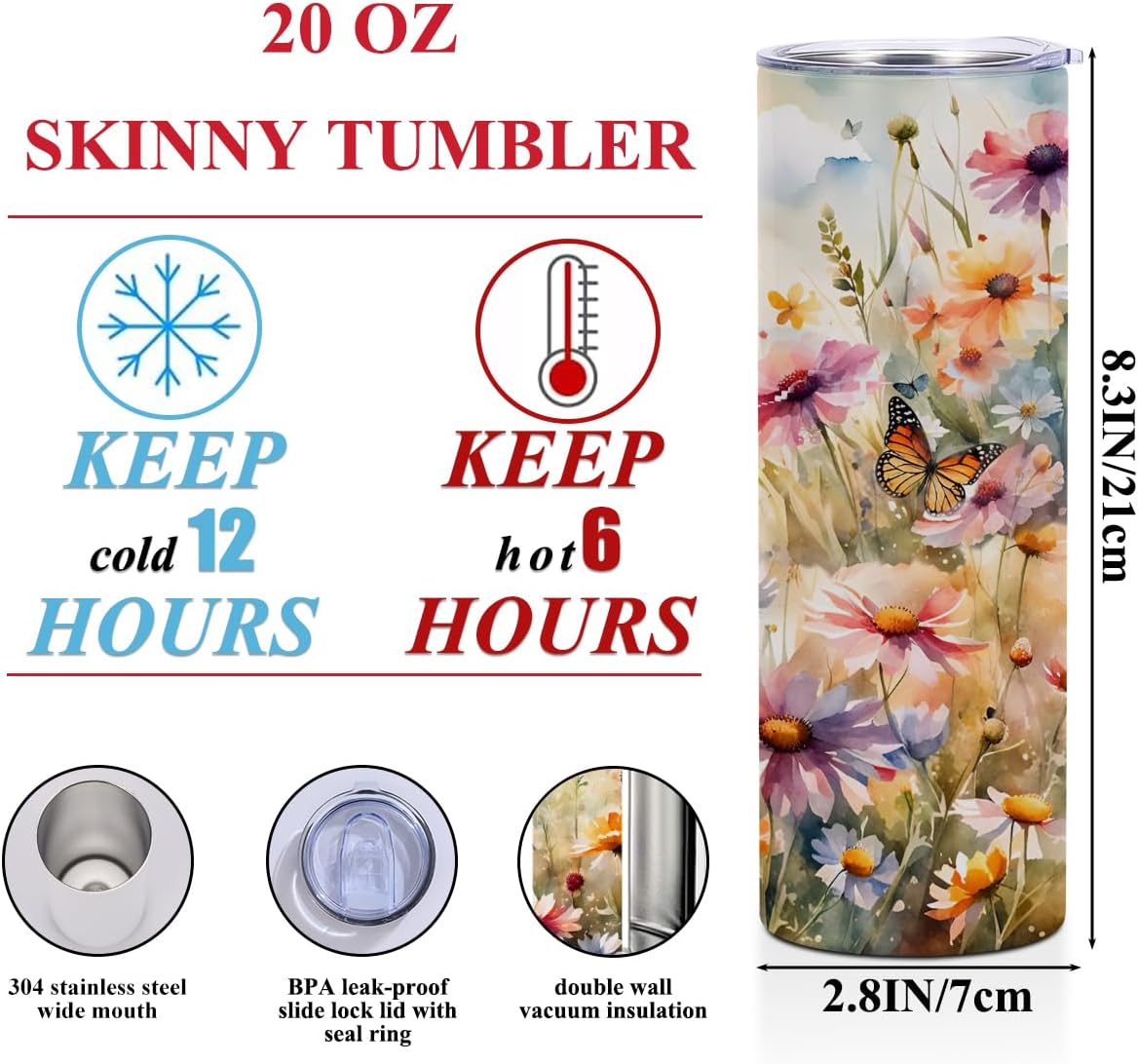 20 oz Skinny Tumbler Stainless Steel Slim Insulated Tumblers Straight Water Bottle Coffee Mug Thermal Travel Cup with Lid, Christmas Birthday Butterfly Gifts for Women Friend Mom, Watercolor Flowers - Image 2