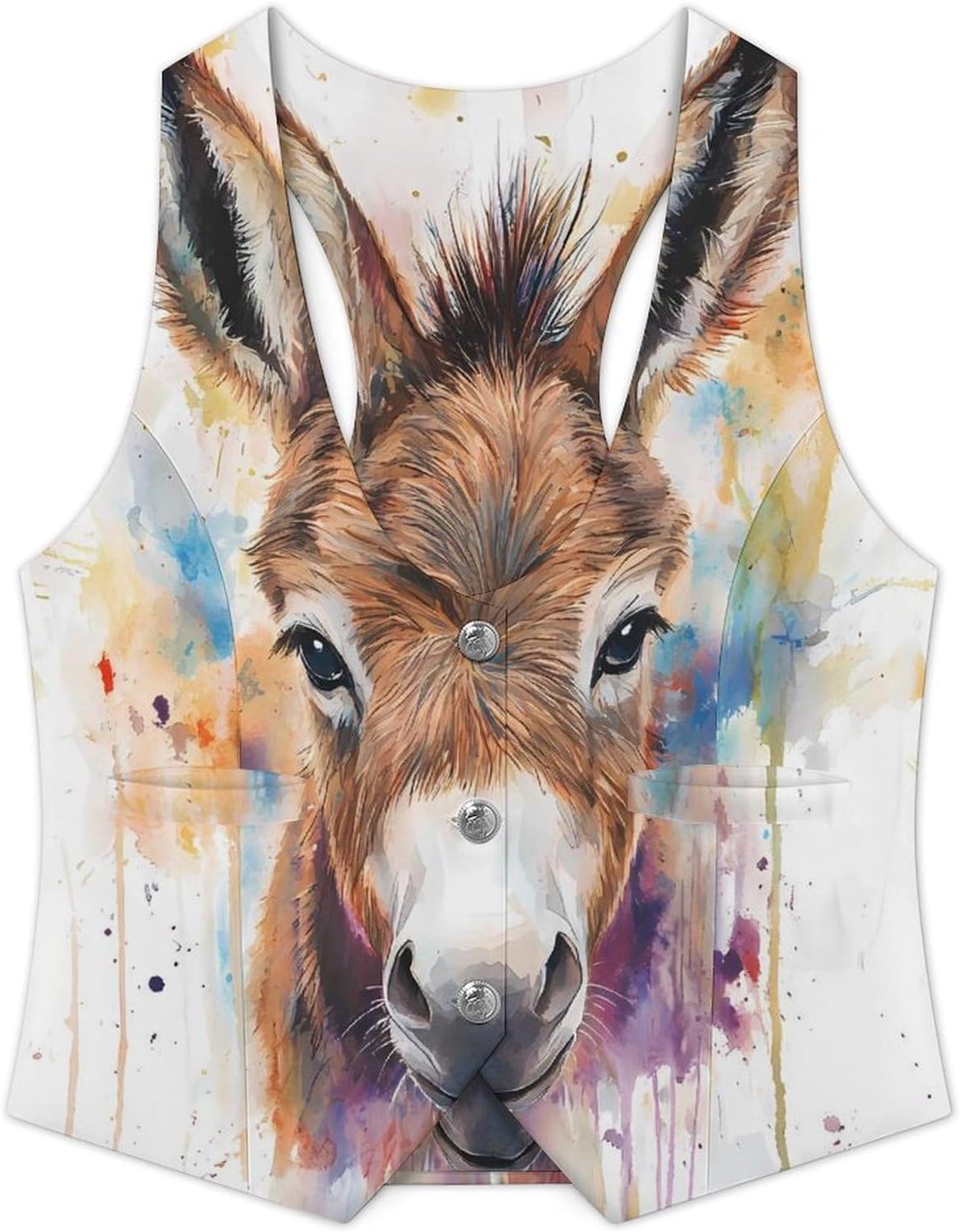 Watercolor Donkey Women's Tuxedo Waistcoat Suit Vest | 3 Button V-Neck Slim Fit Casual Sleeveless Top