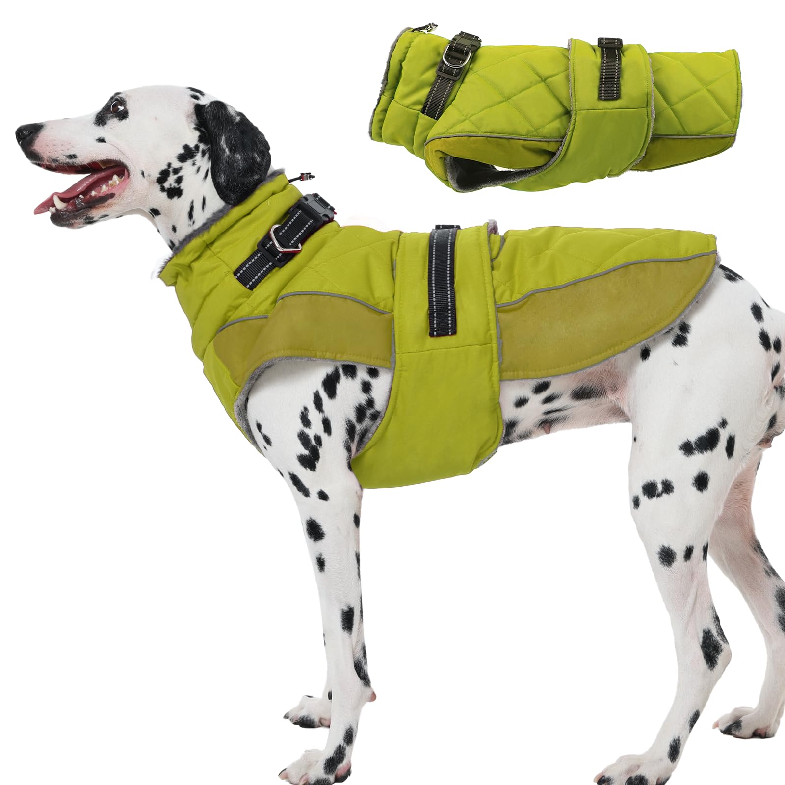 Katzinst Hundemantel mit Bauchschutz, Wintermantel Hunde mit Hohem Kragen und Reflektierenden Streifen, Hundemantel Ohne Reißverschluss Hund, Warme Hundejacke Fleece für Dalmatiner, Beagle, Grün, L