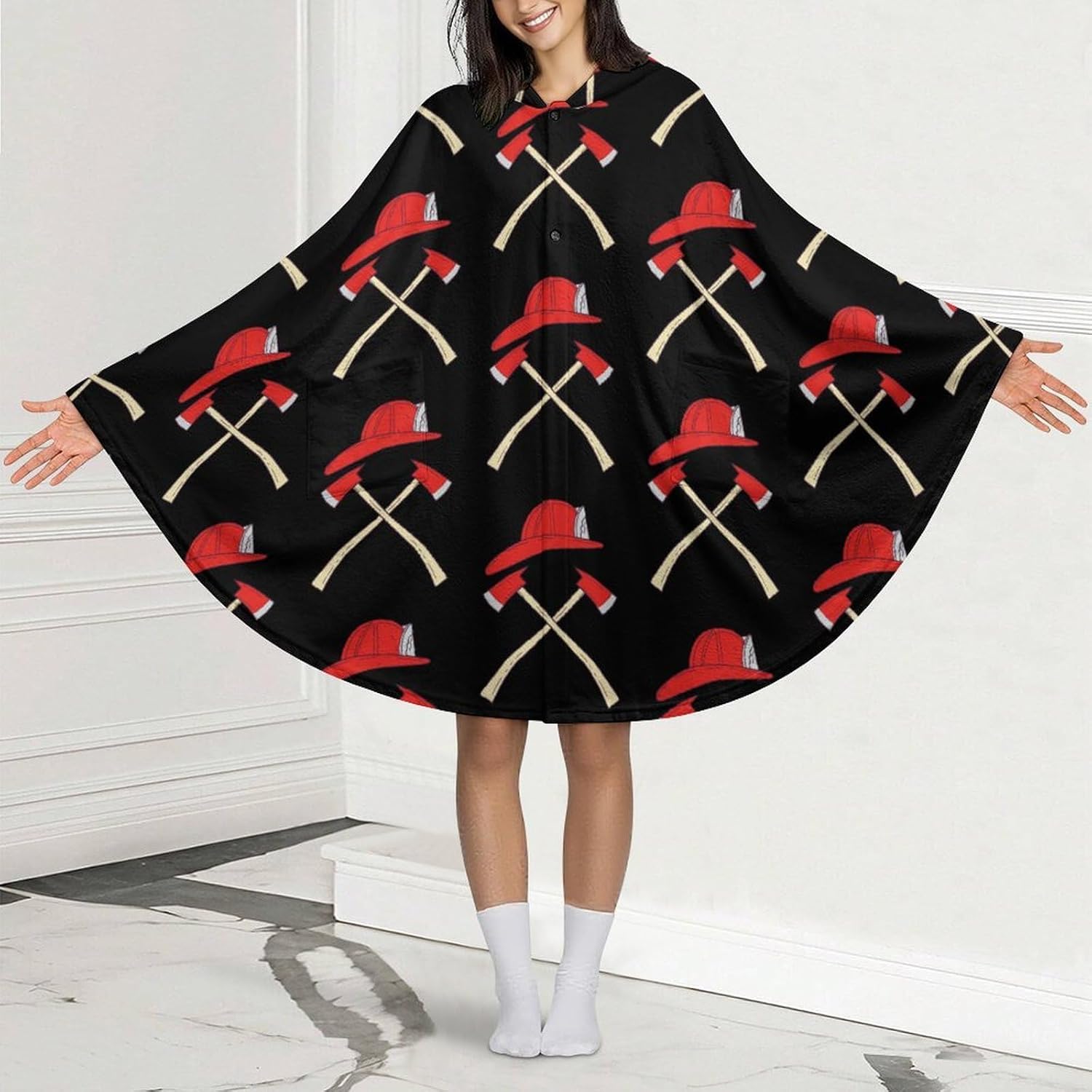 Fire Axe Firefighter Wearable Blanket with Hooded Flannel Blankets Cape with Pocket