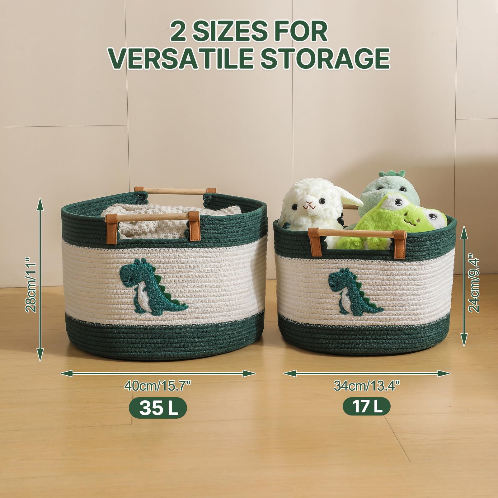 Grande Cesto Coperta 35L Cesto in Corda di Cotone con Manici in Legno Cesti Intrecciati per Giocattoli di Peluche dei Bambini, Contenitore per Pannolini, Panni Lavanderia, Panno per Neonati