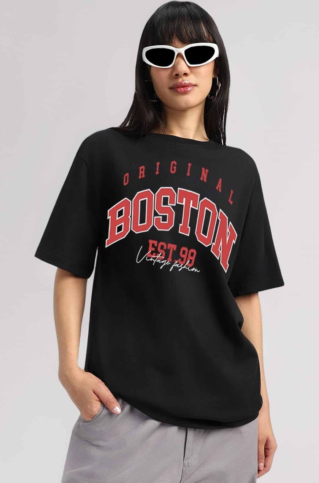 Round Neck Drop Shoulder Round Neck Black & White Graphic Printed Pure Cotton Oversized Baggy Fit Half Sleeve T-Shirt for Women & Girls (Sizes: S to 2XL)