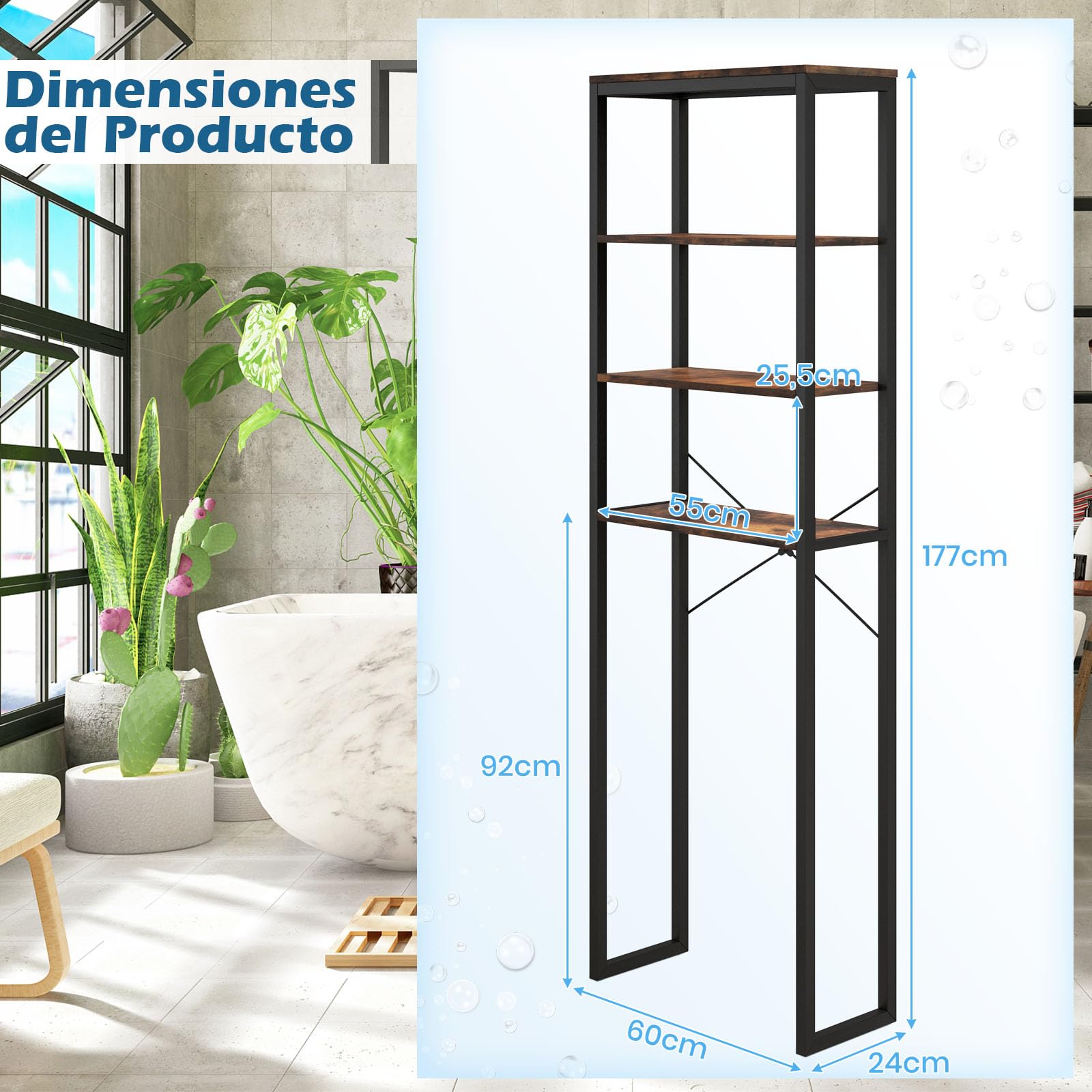 GIANTEX Estantería sobre el Inodoro con 4 Estantes Abiertos, 60 x 24 x 177 cm, Estantería de Almacenamiento Alto para Ahorrar Espacio, Mueble Organizador para Baño, Lavandero