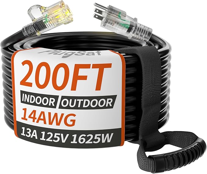 PlugSaf 14/3 Gauge Black Outdoor Extension Cord 200 ft Waterproof with Lighted Indicator, Cold