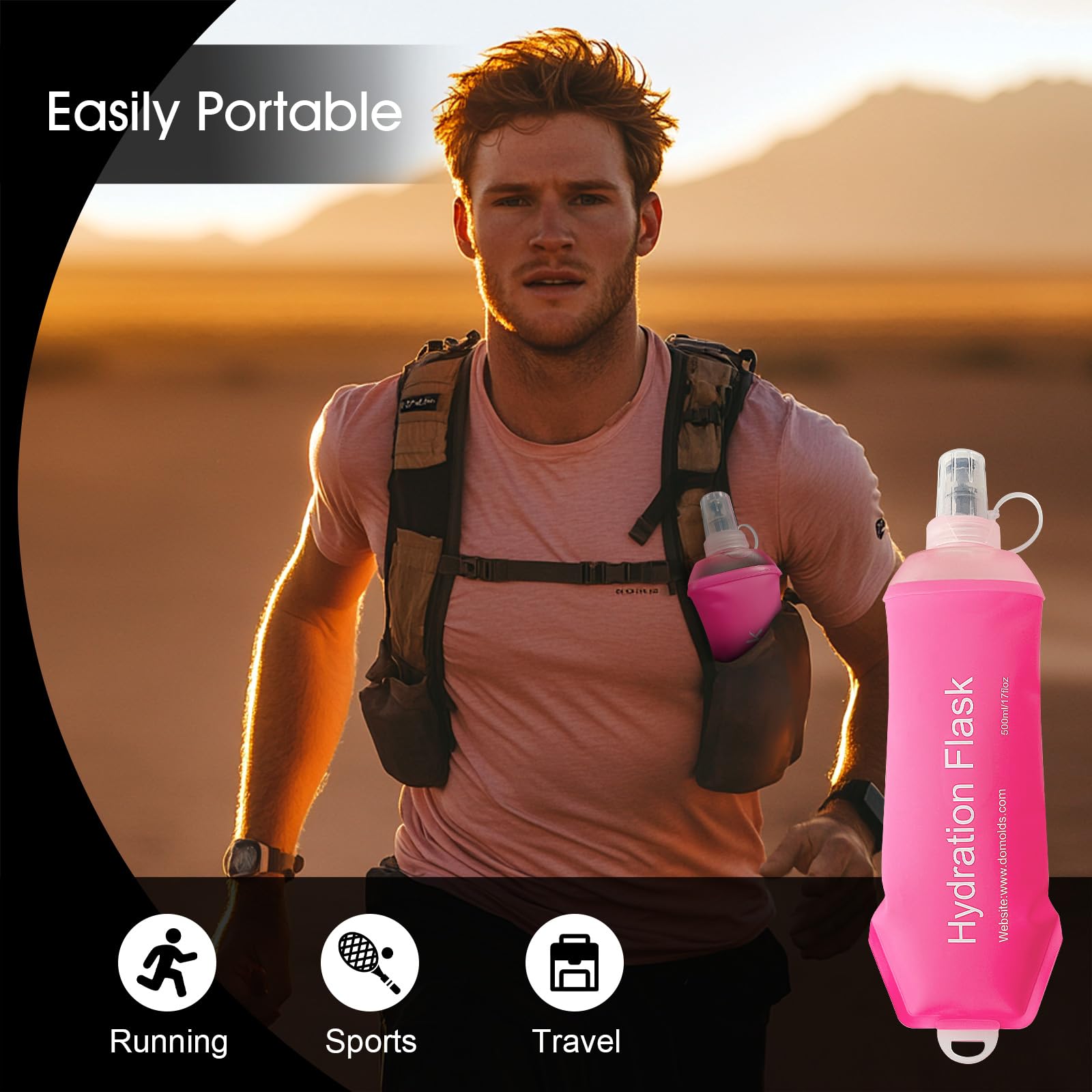 WILDREEDS Weiche Thermosflasche, 500 ml, TPU, faltbar, weiche Wasserflasche für Trinkrucksack, Laufweste, faltbare Wasserflasche zum Wandern, Radfahren, Klettern, 1 Stück, Rosa
